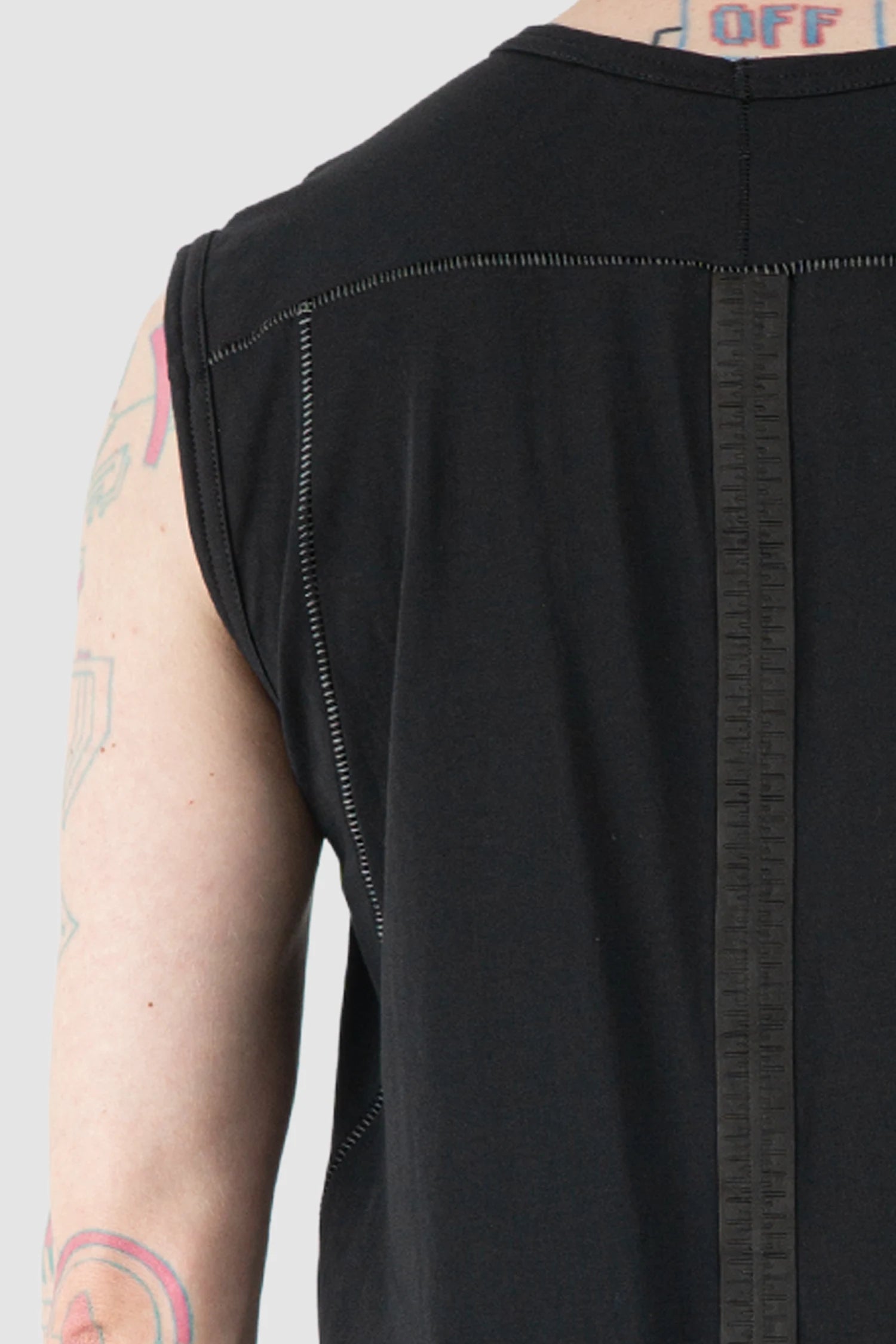 69 by Isaac Sellam - Men’s Black Organic Cotton Jersey Tank Top shoulder detail view