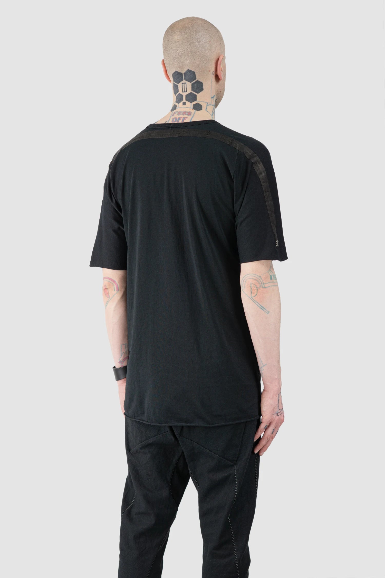 69 by Isaac Sellam - Men’s Black Organic Cotton T-Shirt with Leather Details model back side view