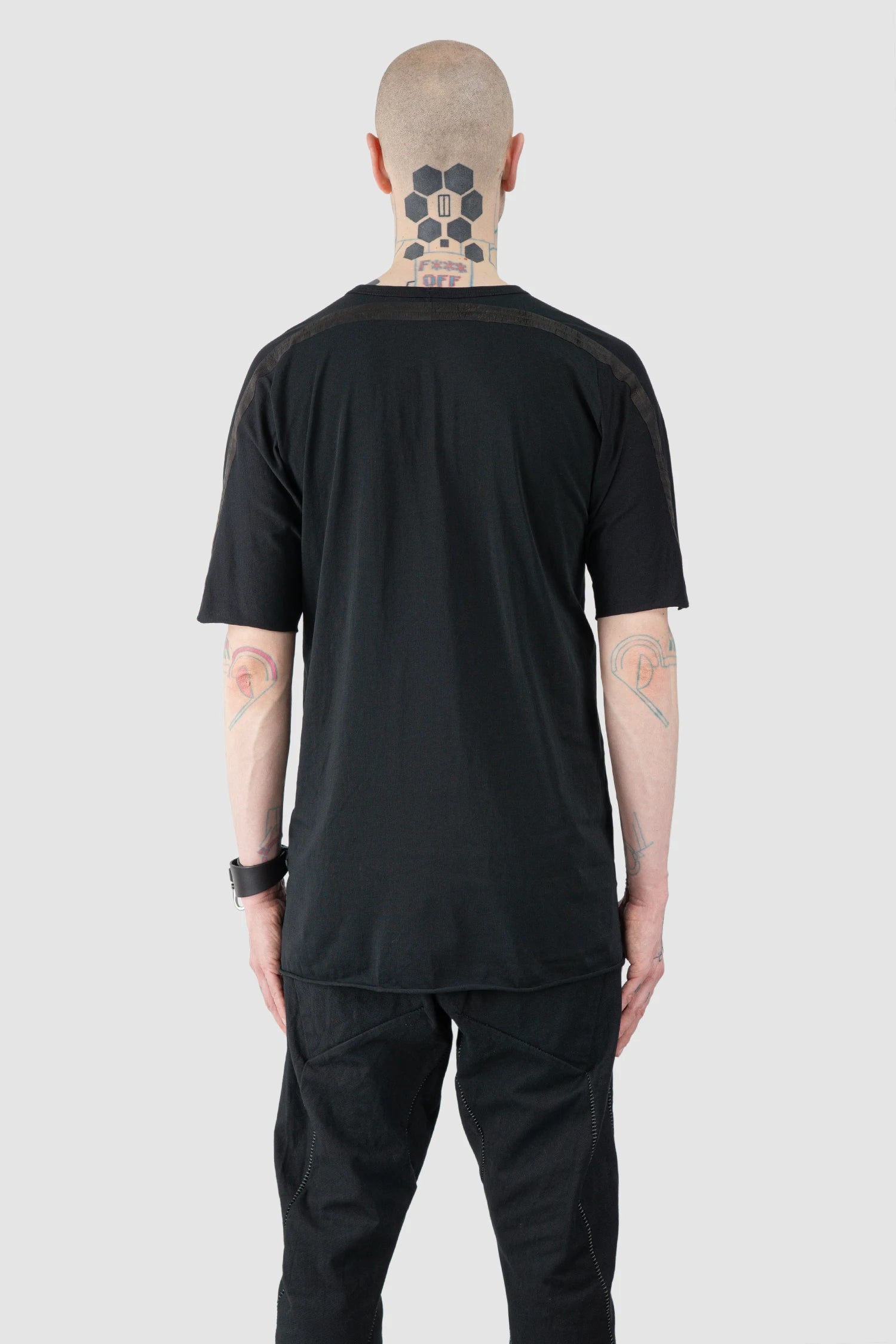 69 by Isaac Sellam - Men’s Black Organic Cotton T-Shirt with Leather Details model back view