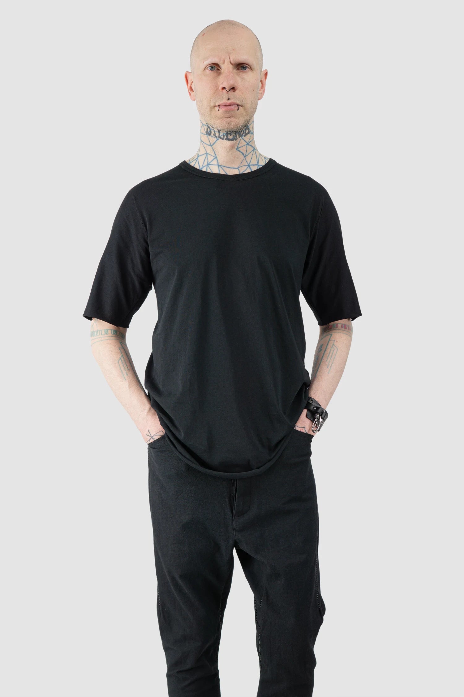 69 by Isaac Sellam - Men’s Black Organic Cotton T-Shirt with Leather Details model relaxed view