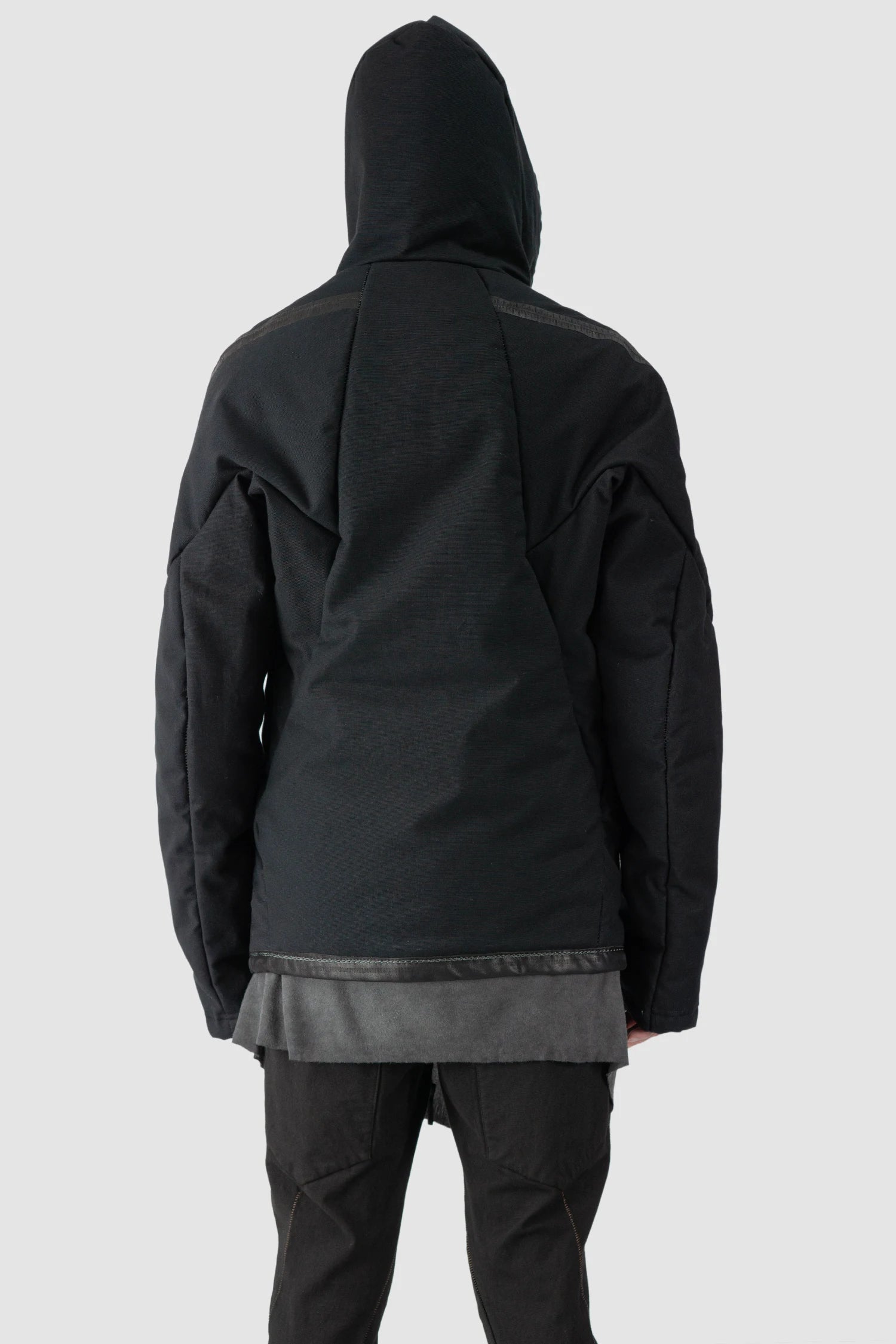 69 by Isaac Sellam - model back hooded view of men’s Black Padded Cotton Jacket with Hood