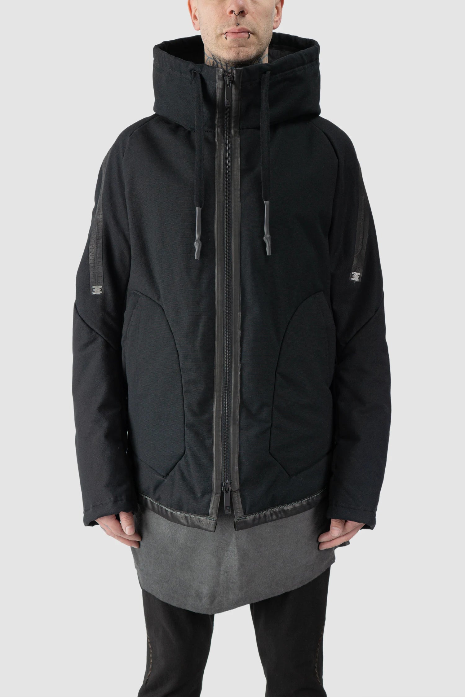 69 by Isaac Sellam - model front view of men’s Black Padded Cotton Jacket with Hood