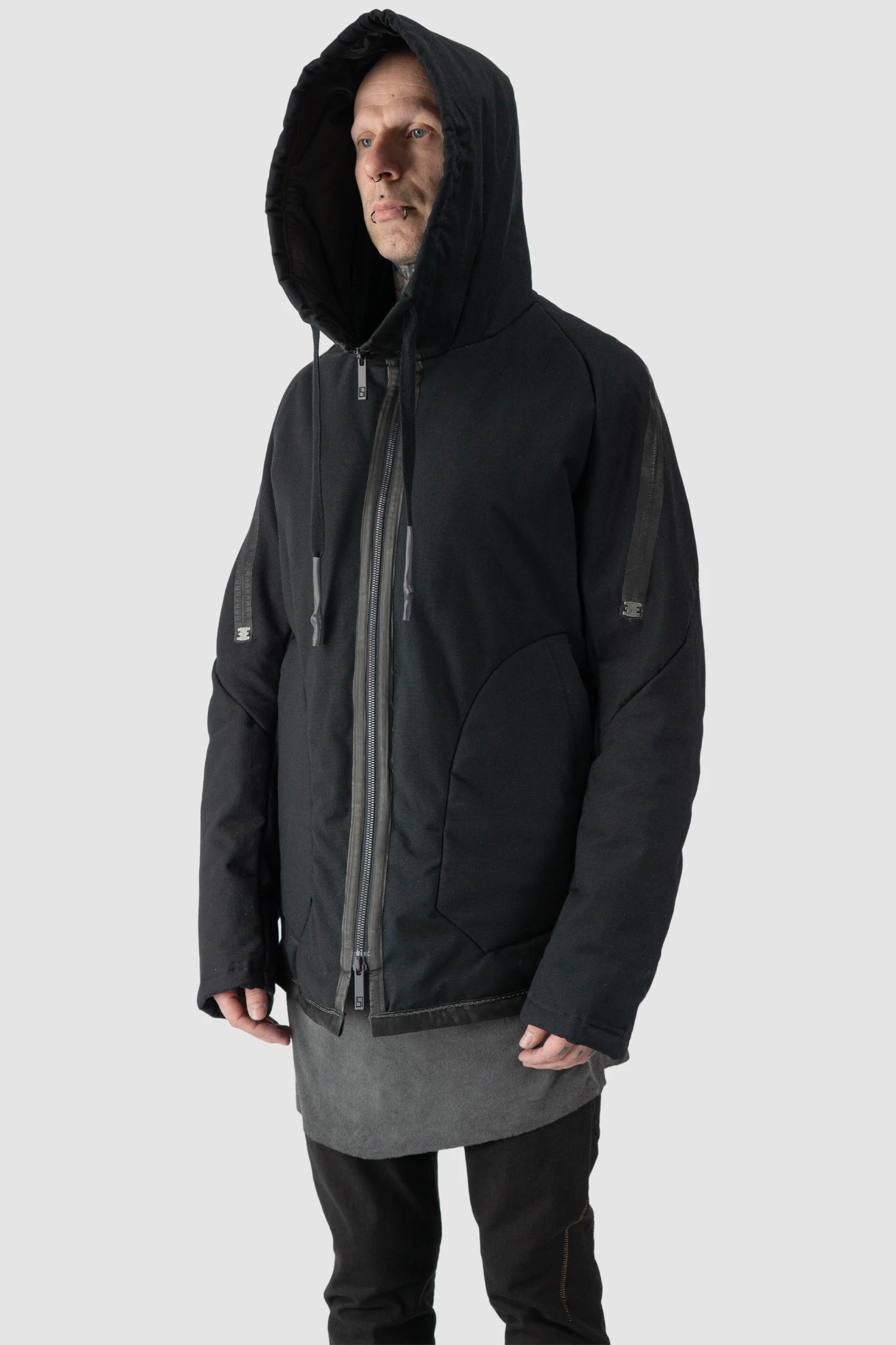 69 by Isaac Sellam - model front hooded side view of men’s Black Padded Cotton Jacket with Hood