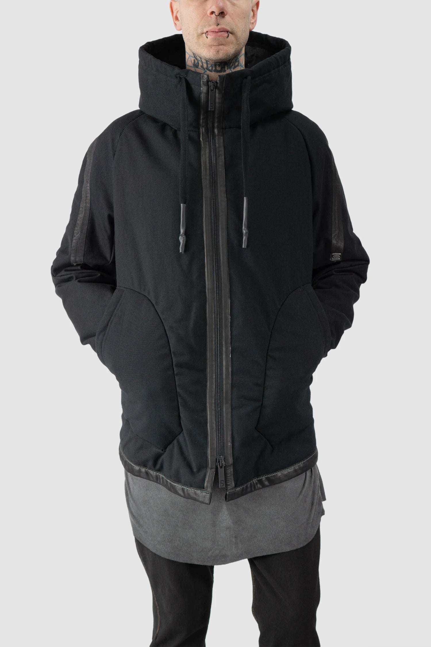 69 by Isaac Sellam - model front relaxed view of men’s Black Padded Cotton Jacket with Hood