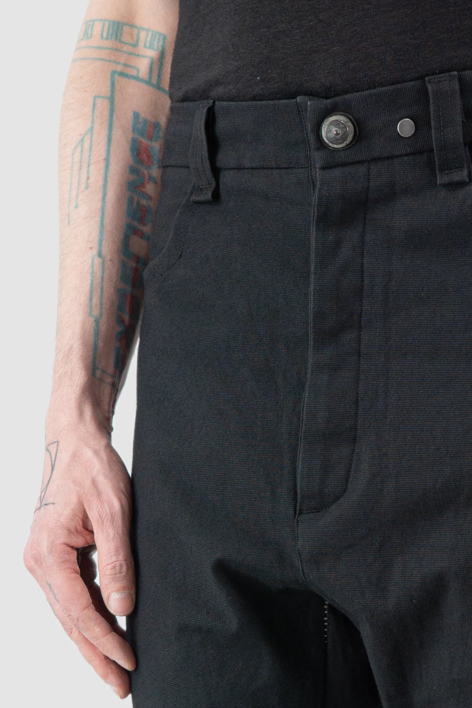 69 by Isaac Sellam - Men’s Black Scar Stitch Cotton Trousers button detail view