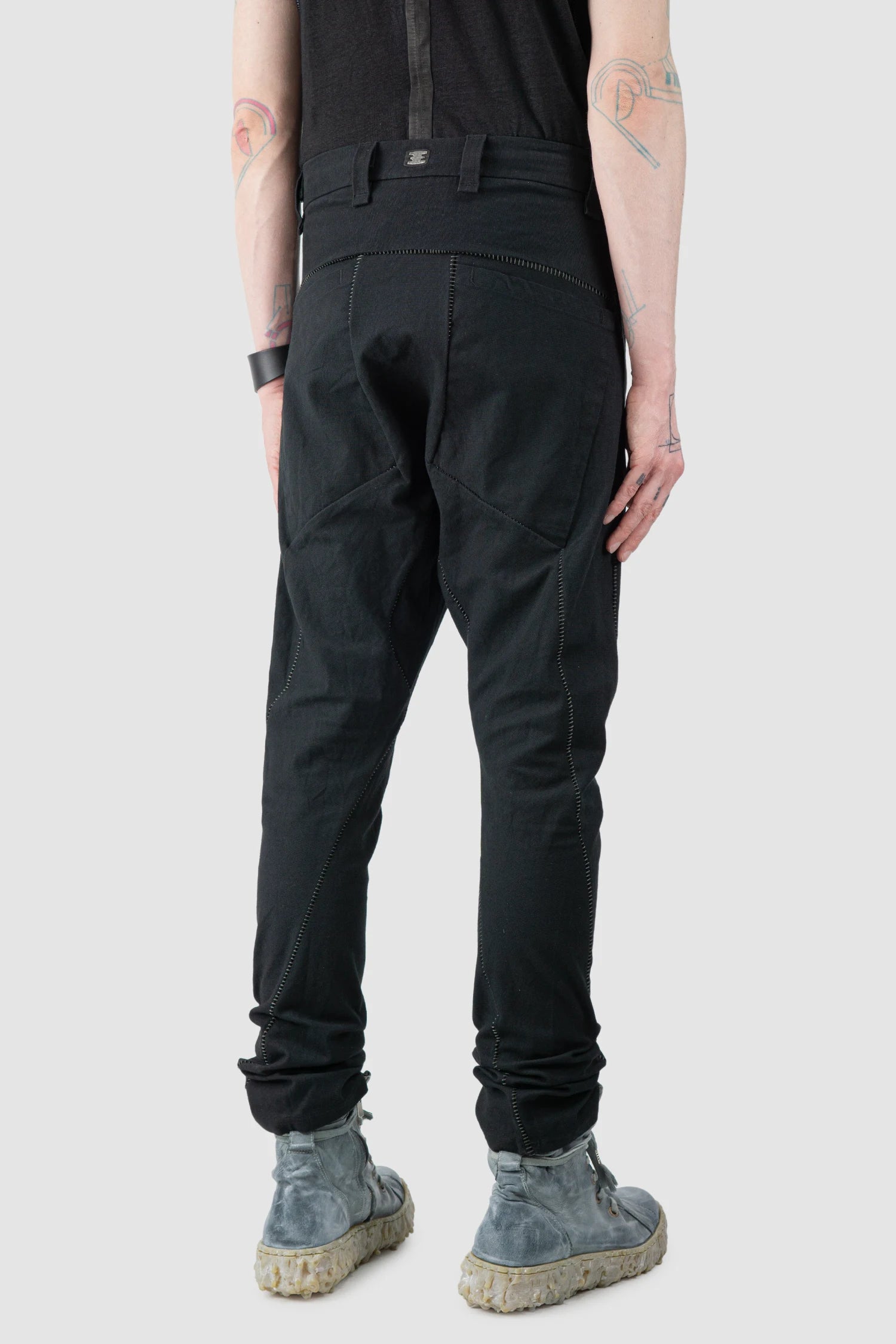 69 by Isaac Sellam - Men’s Black Scar Stitch Cotton Trousers model back side view