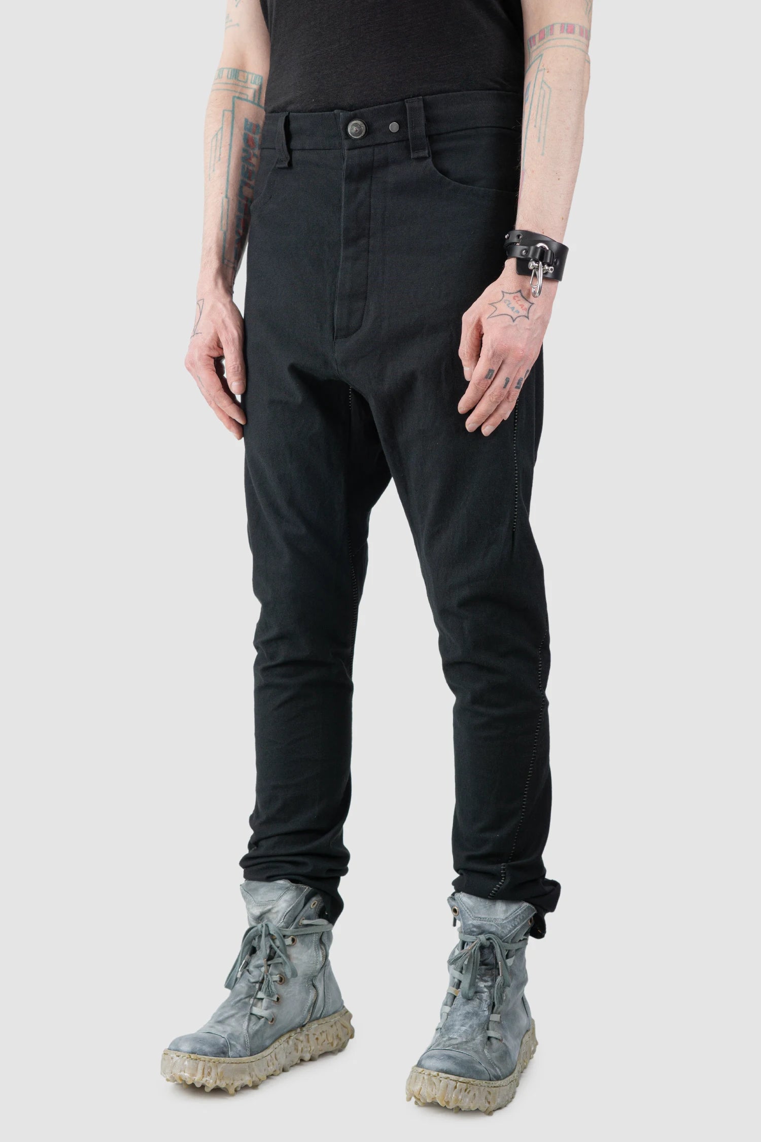 69 by Isaac Sellam - Men’s Black Scar Stitch Cotton Trousers model side view