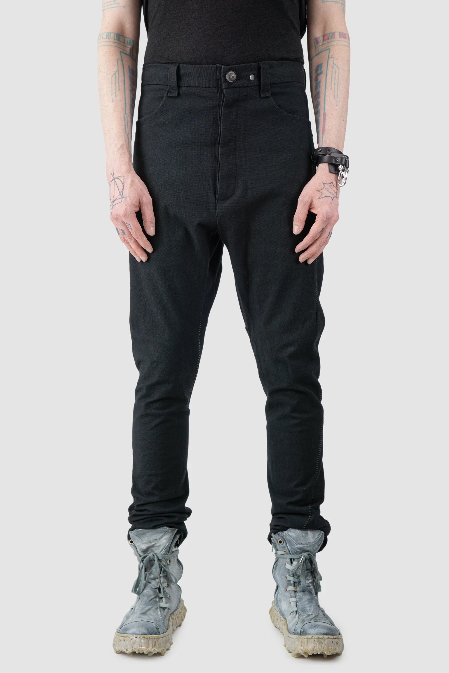 69 by Isaac Sellam - Men’s Black Scar Stitch Cotton Trousers model front view
