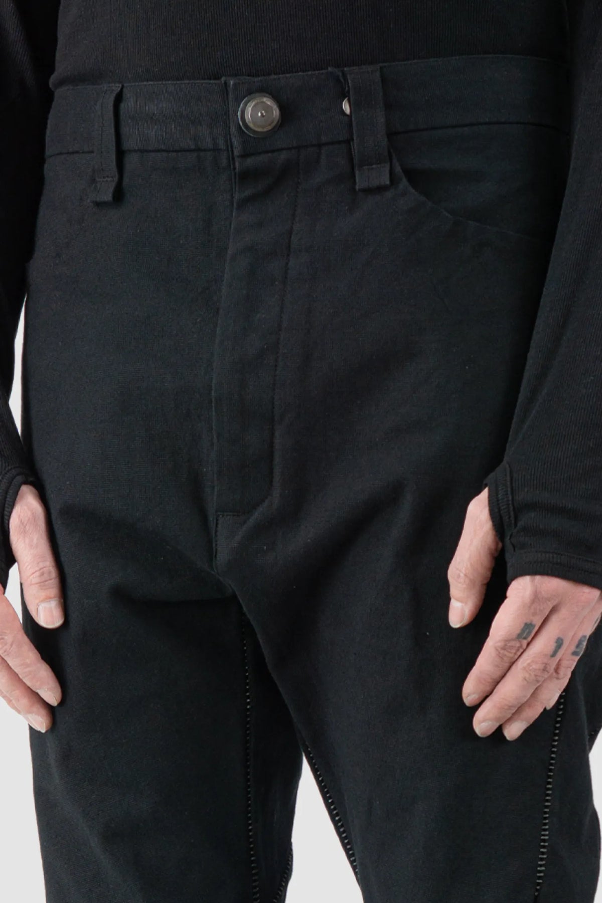 69 by Isaac Sellam - Men's Black Structured French Cotton Trousers - button detail view