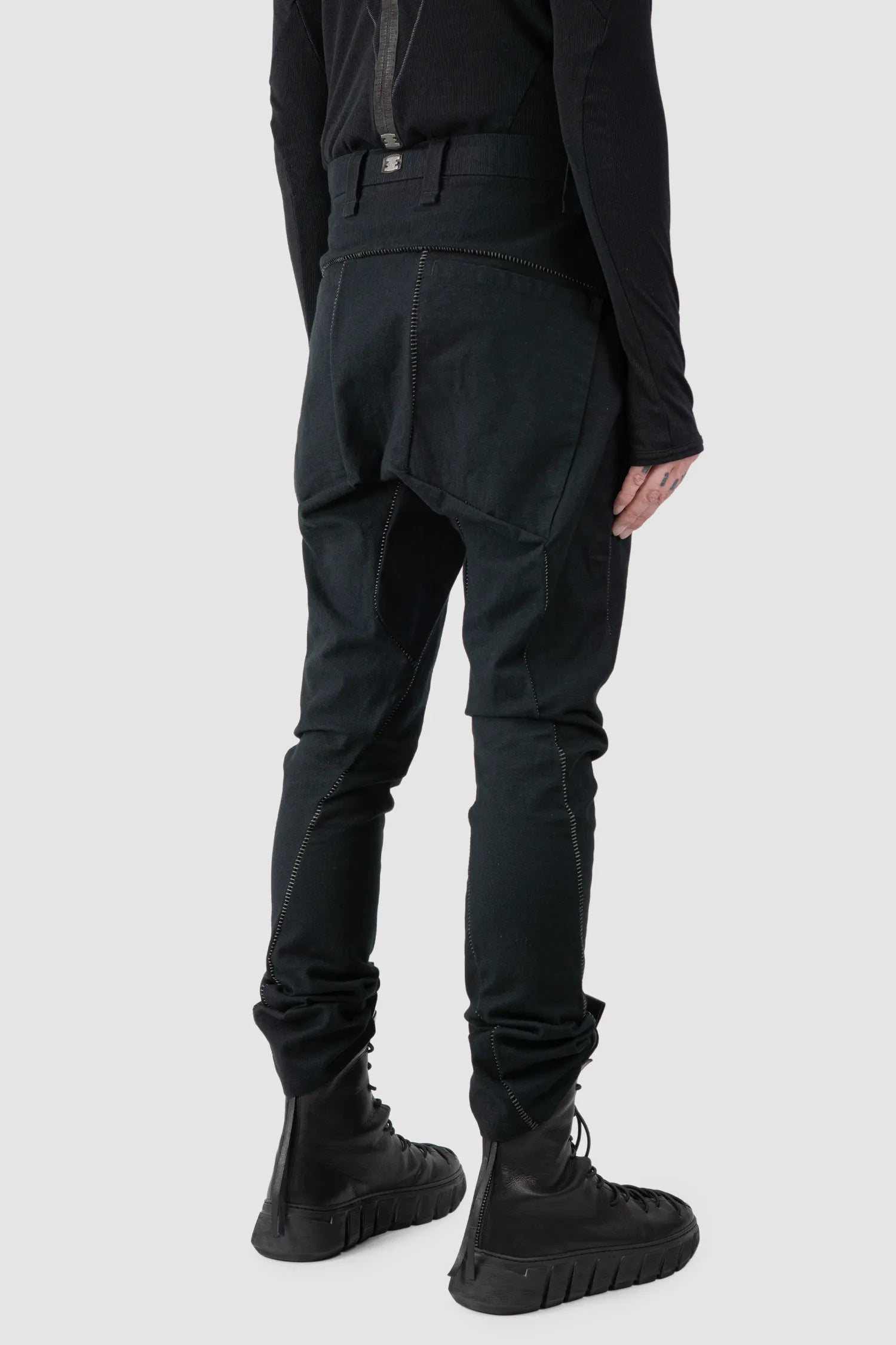 69 by Isaac Sellam - Men's Black Structured French Cotton Trousers - model back side view