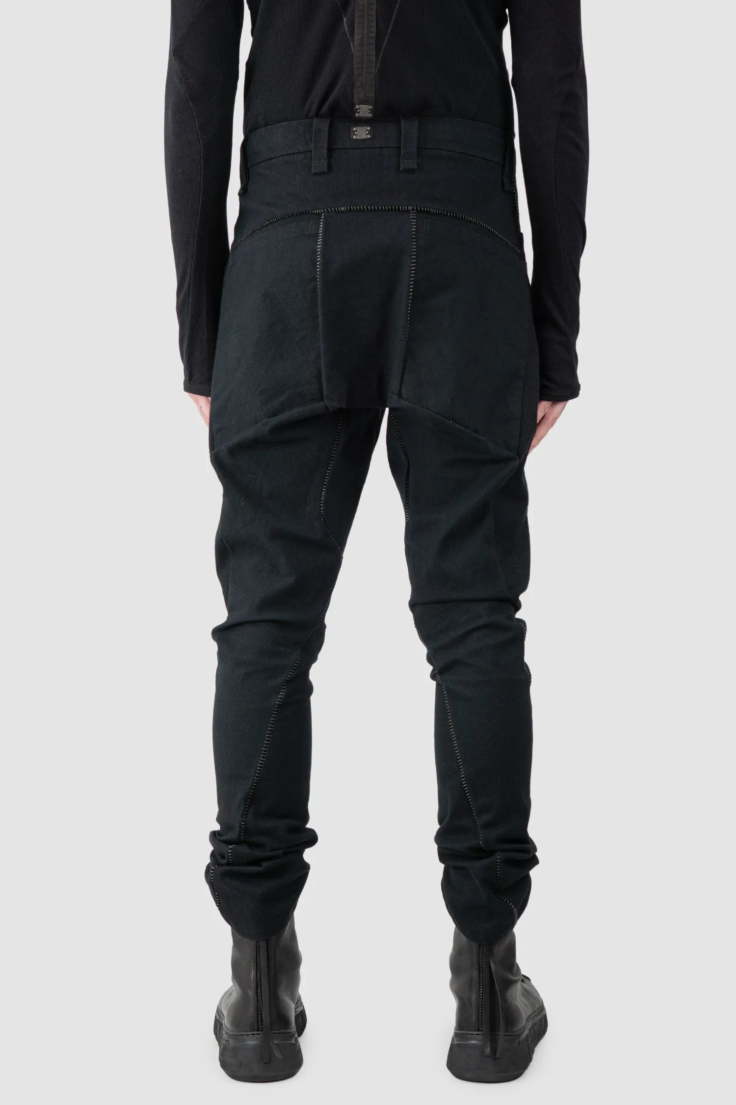 69 by Isaac Sellam - Men's Black Structured French Cotton Trousers - model back view