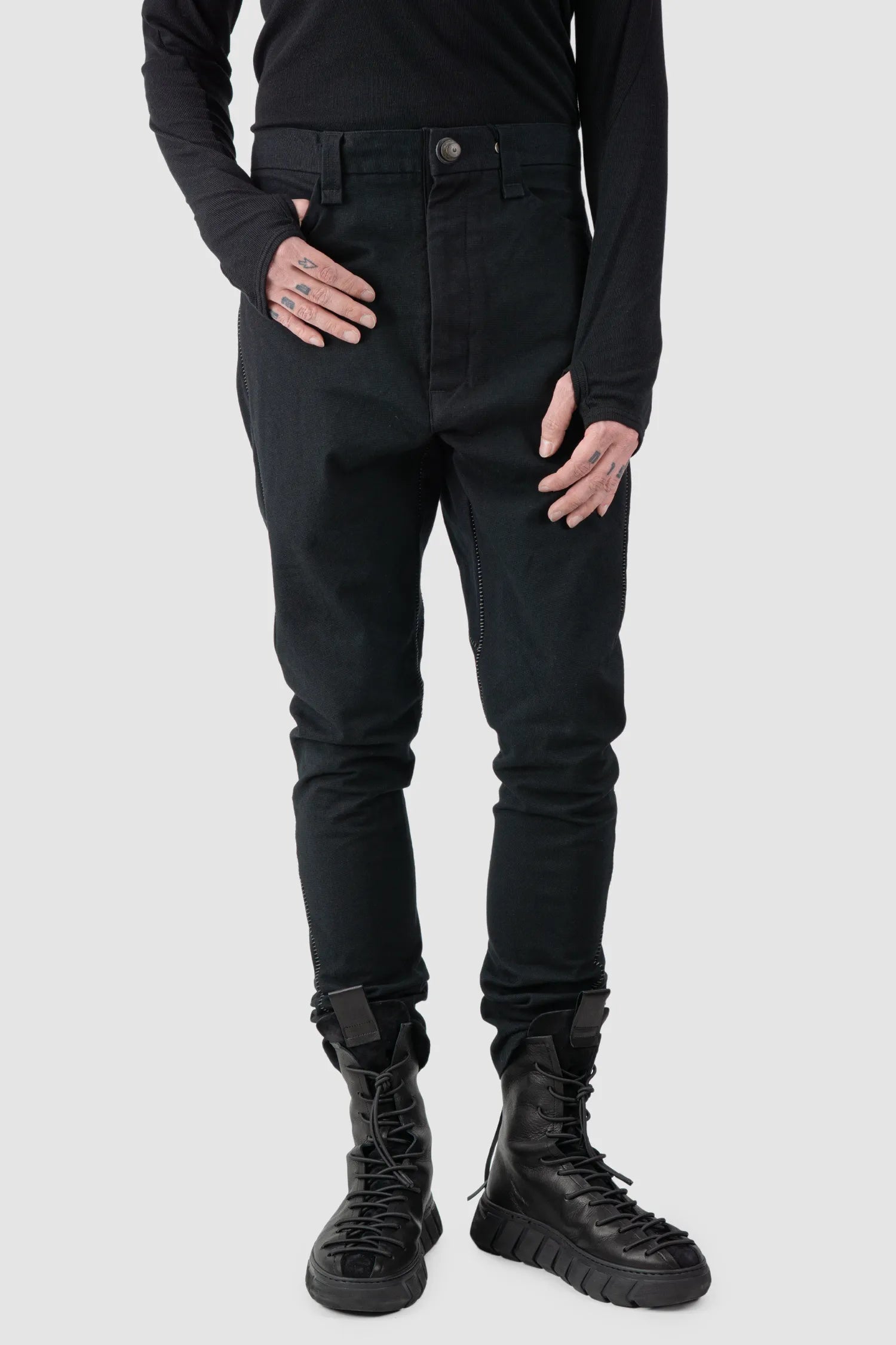69 by Isaac Sellam - Men's Black Structured French Cotton Trousers - model relaxed view