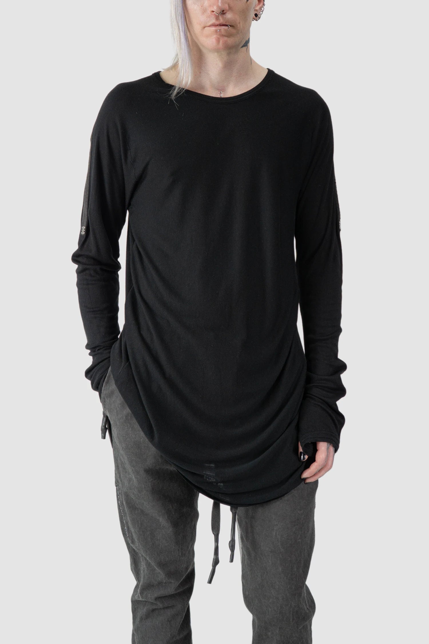 69 by Isaac Sellam - model front relaxed view of Black Two Panel Modal Long Sleeve Tee