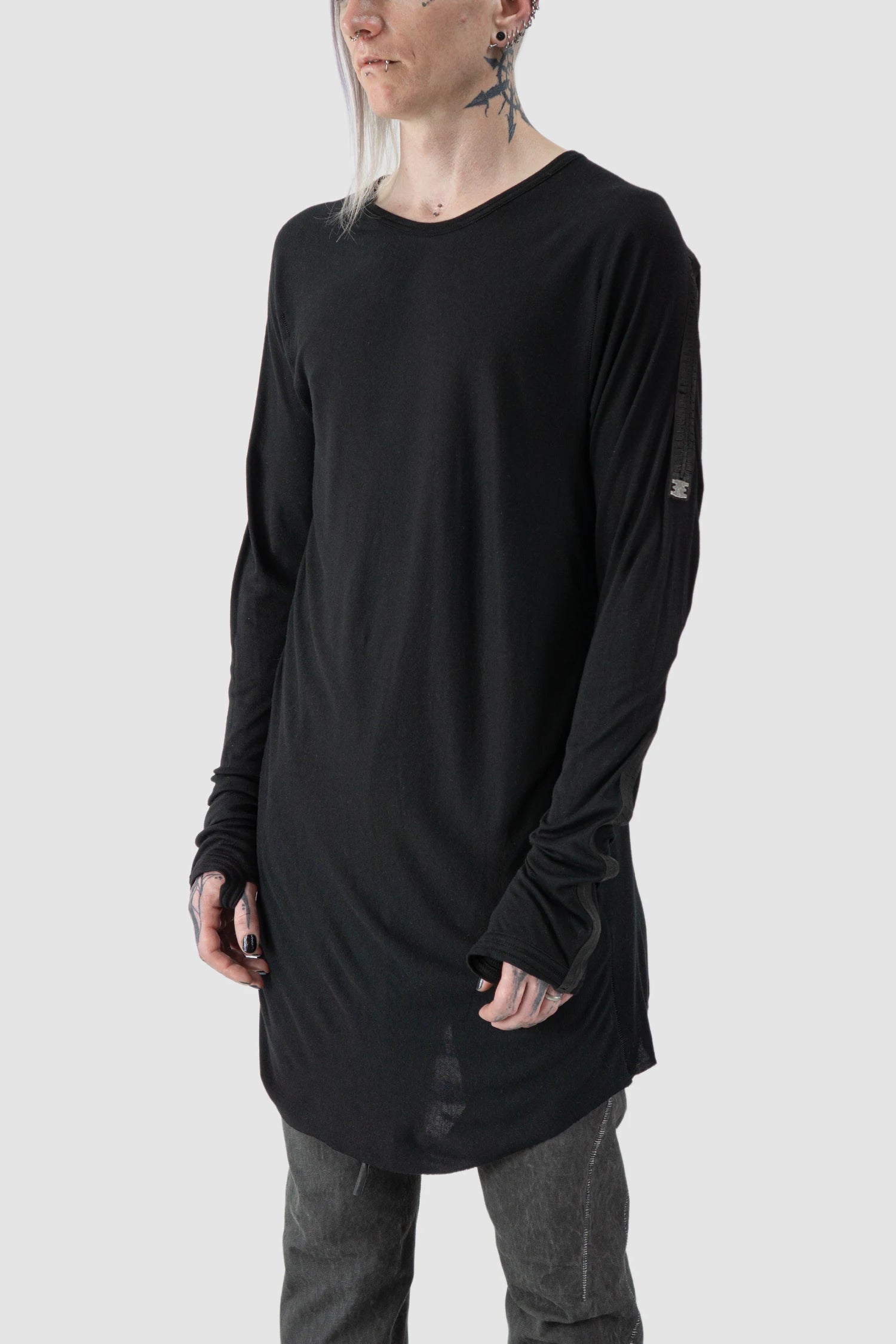 69 by Isaac Sellam - model front side view of Black Two Panel Modal Long Sleeve Tee