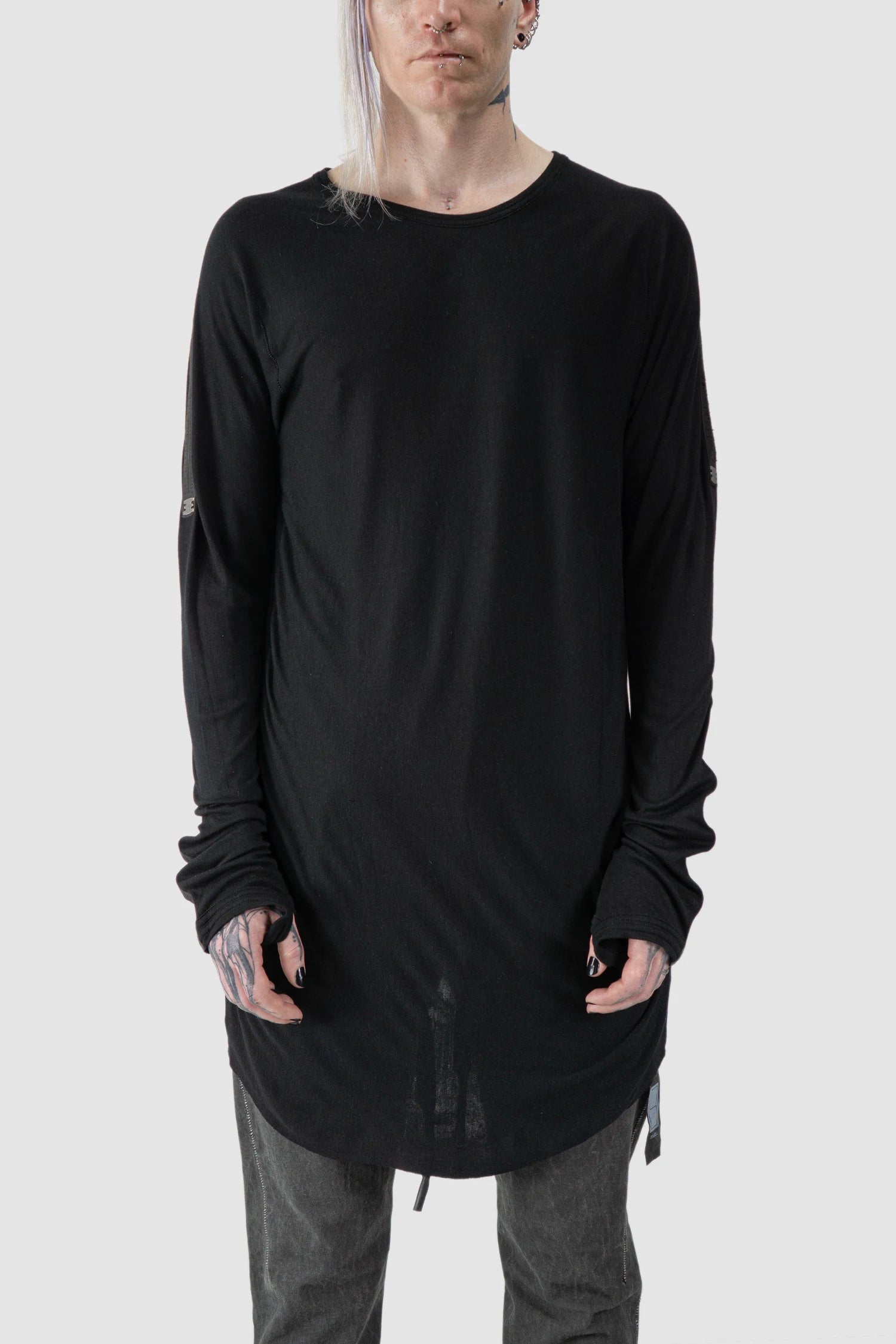 69 by Isaac Sellam - model front view of Black Two Panel Modal Long Sleeve Tee