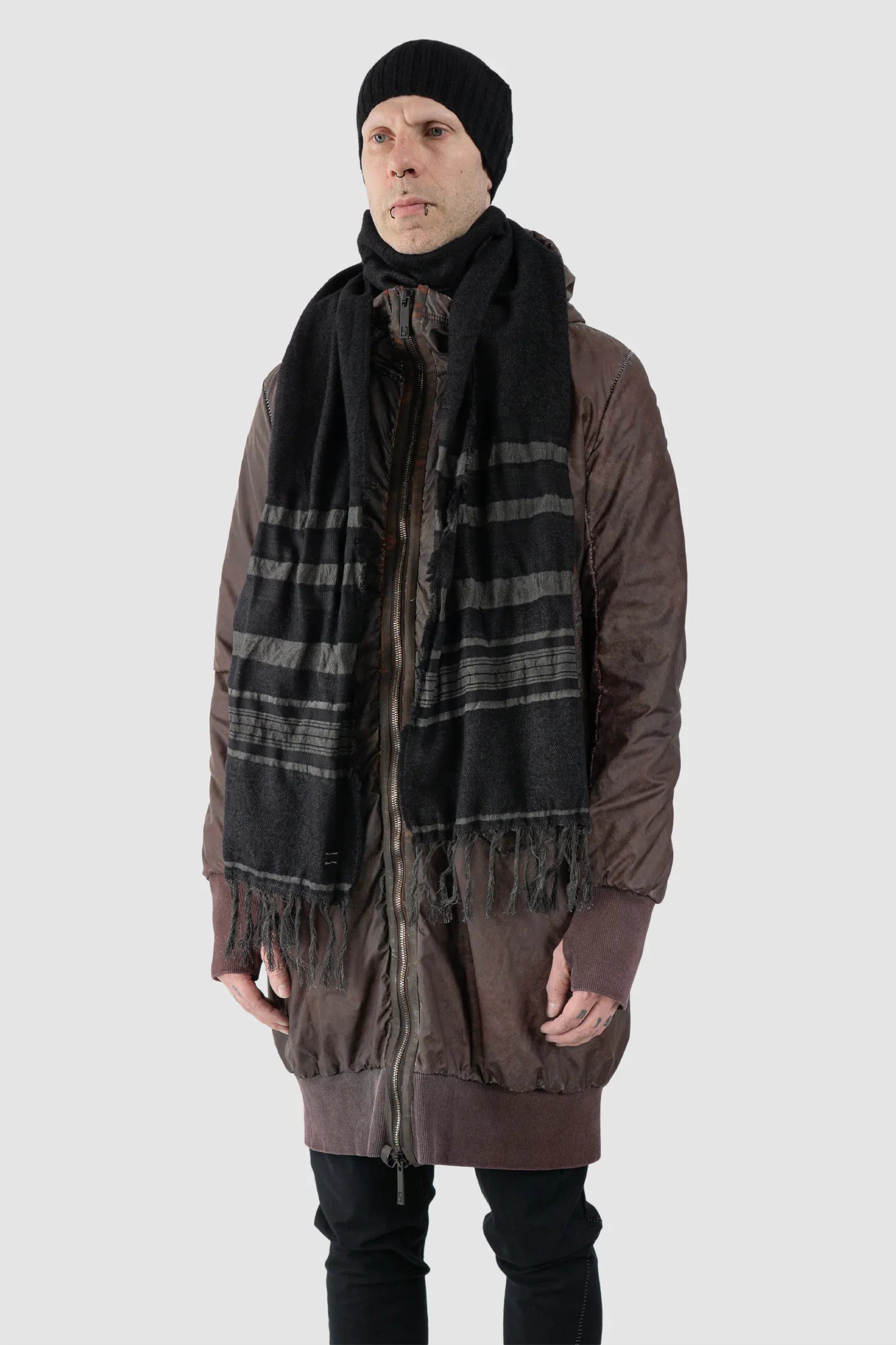 69 by Isaac Sellam - Men's Black Wool Blend Patch Scarf - model front side view