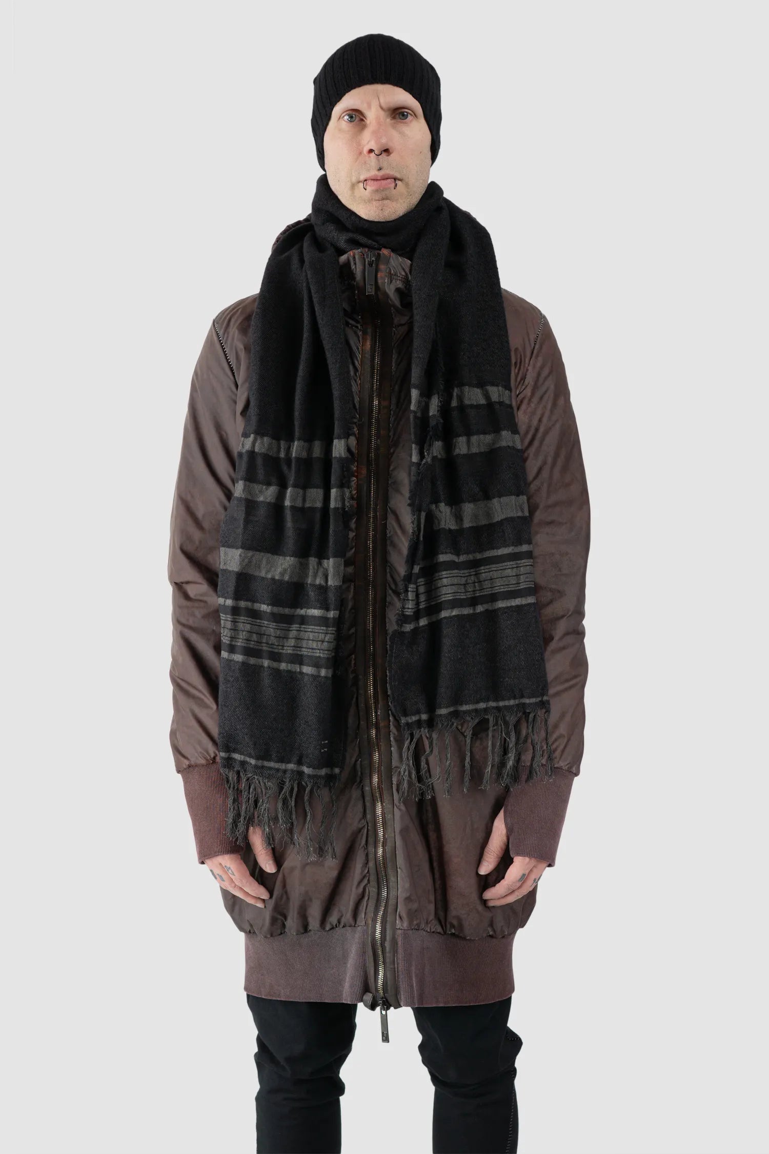 69 by Isaac Sellam - Men's Black Wool Blend Patch Scarf - model front view - MONO-KROM | Gallery