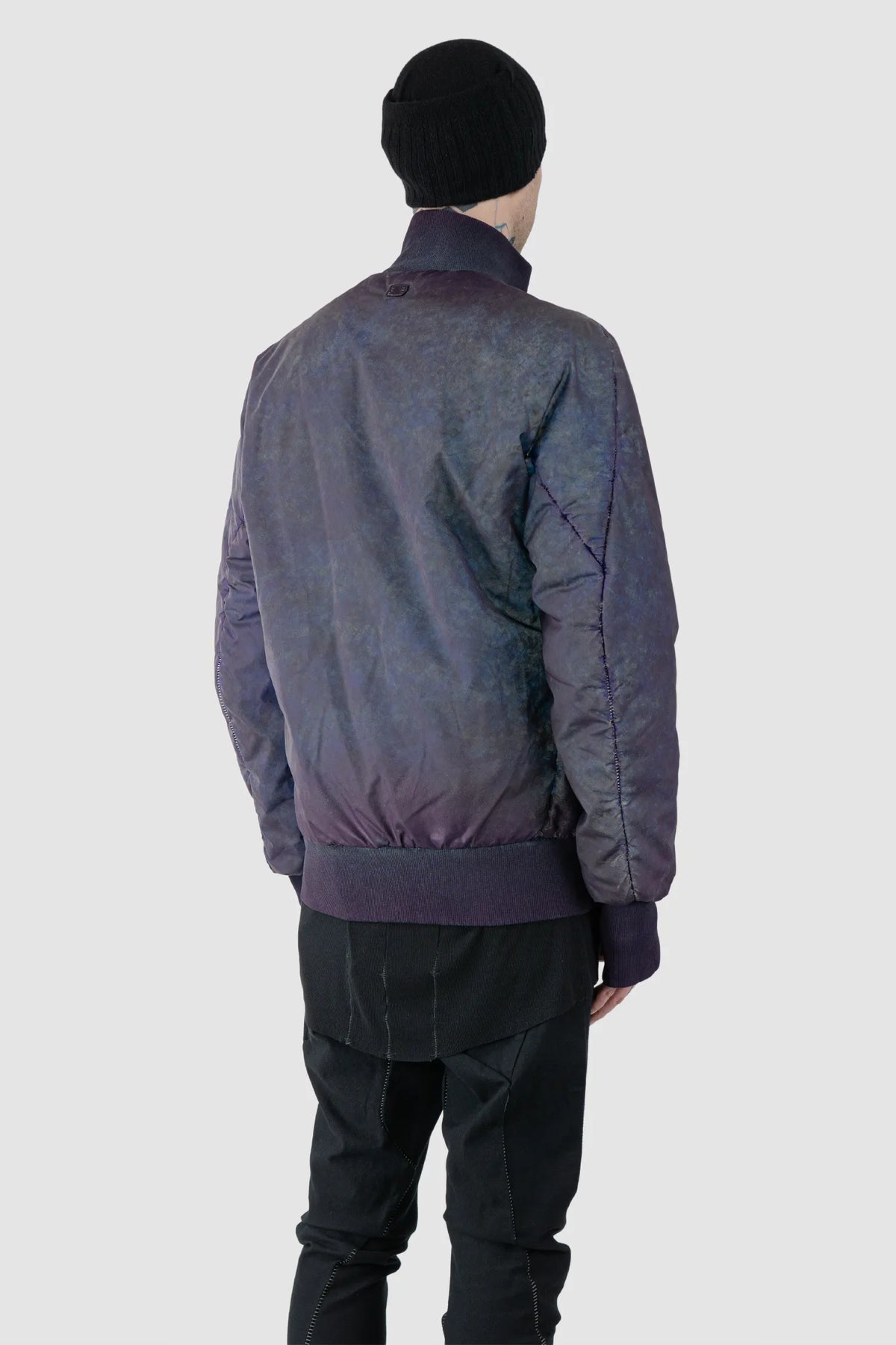 69 by Isaac Sellam - Men's Dirty Blue Reflective High Neck Bomber Jacket - model back side view