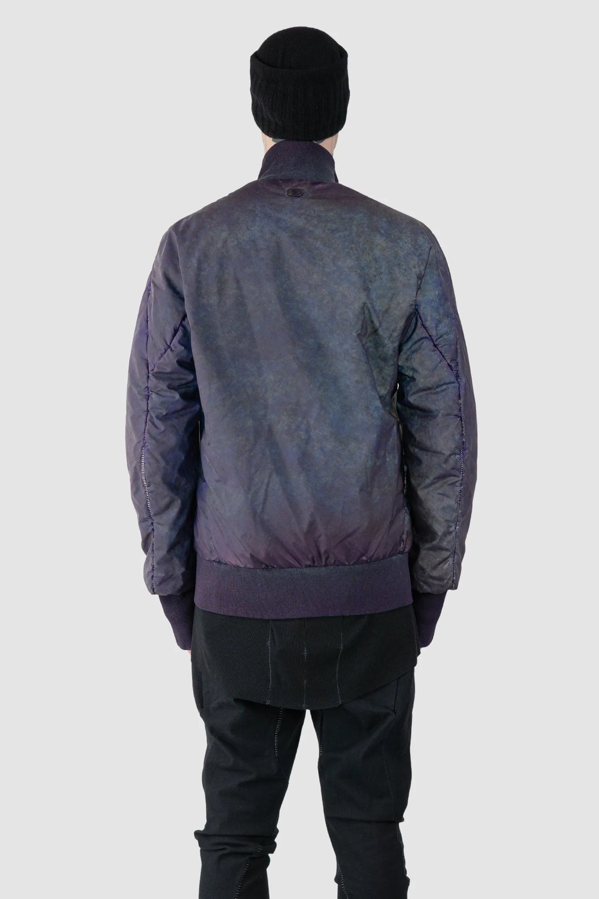 69 by Isaac Sellam - Men's Dirty Blue Reflective High Neck Bomber Jacket - model back view