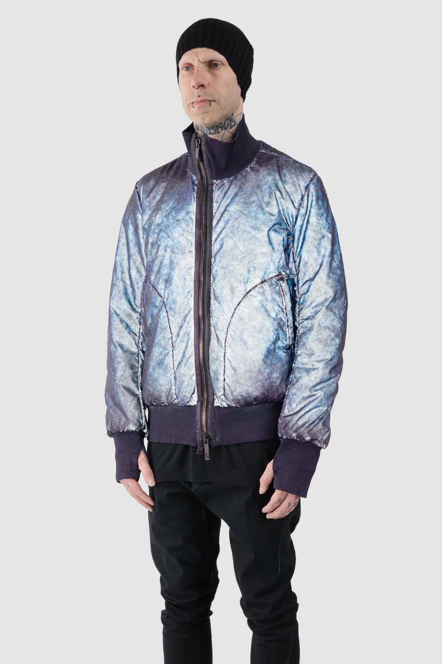 69 by Isaac Sellam - Men's Dirty Blue Reflective High Neck Bomber Jacket - model front side flash effect view