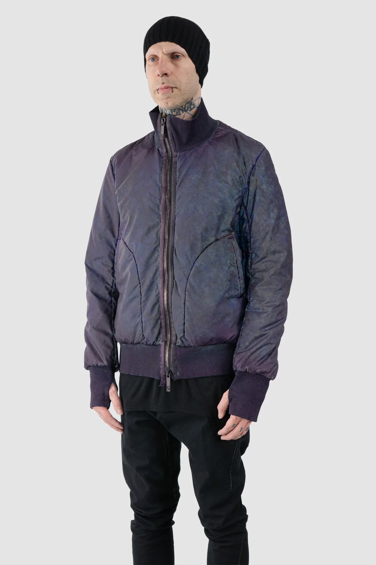 69 by Isaac Sellam - Men's Dirty Blue Reflective High Neck Bomber Jacket - model front side view