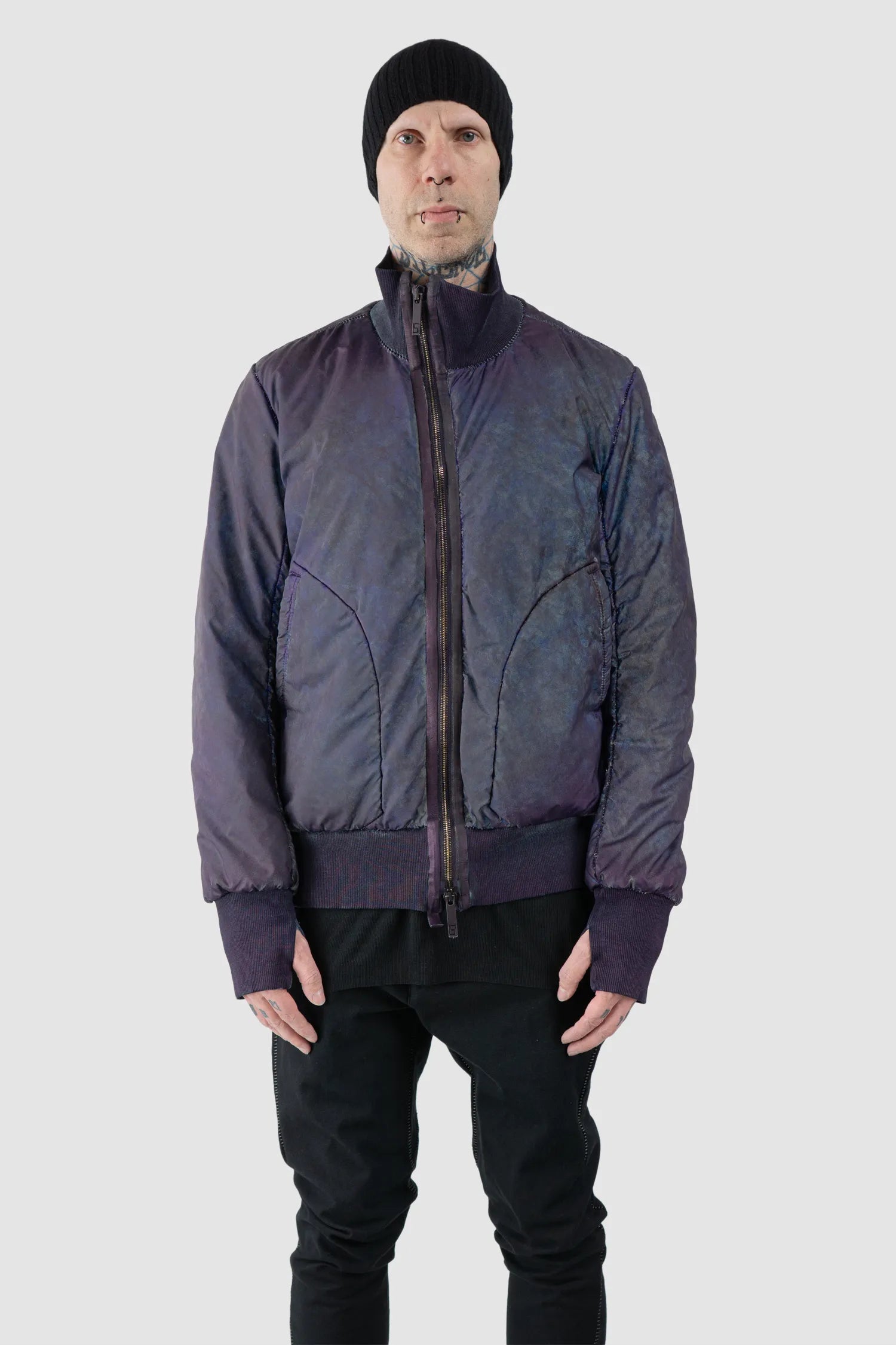 69 by Isaac Sellam - Men's Dirty Blue Reflective High Neck Bomber Jacket - model front view - MONO-KROM | Gallery