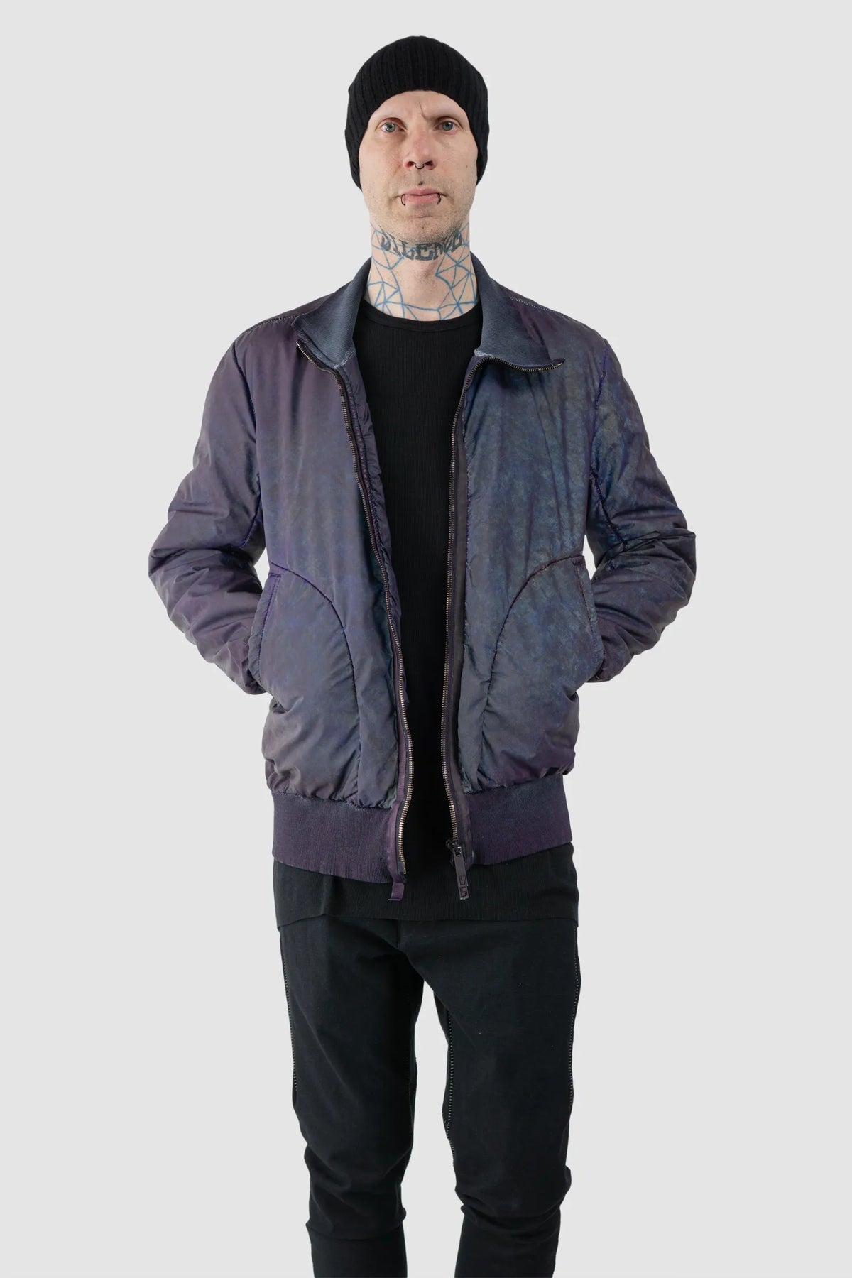 69 by Isaac Sellam - Men's Dirty Blue Reflective High Neck Bomber Jacket - model relaxed view