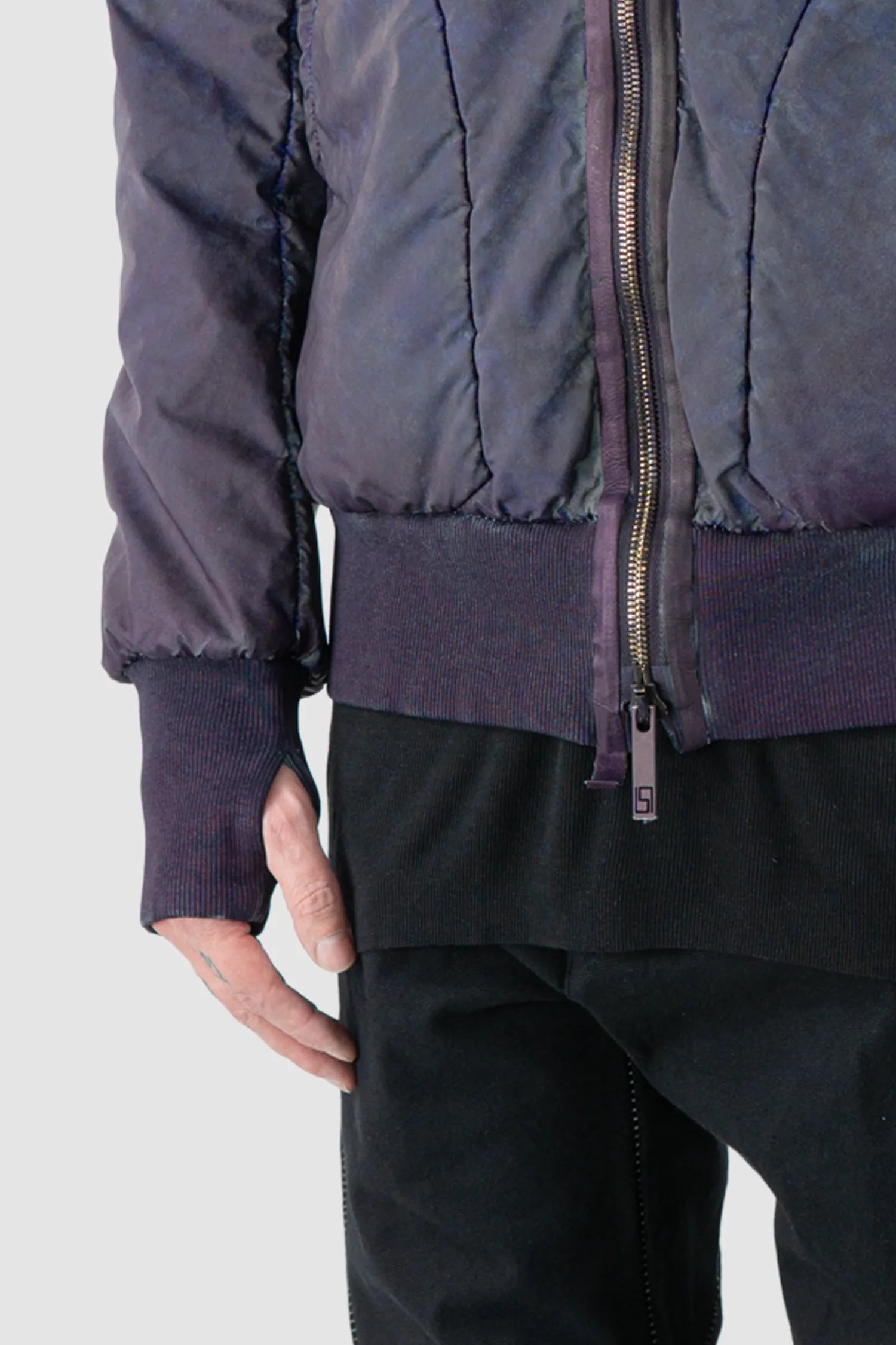 69 by Isaac Sellam - Men's Dirty Blue Reflective High Neck Bomber Jacket - thumbhole detail view