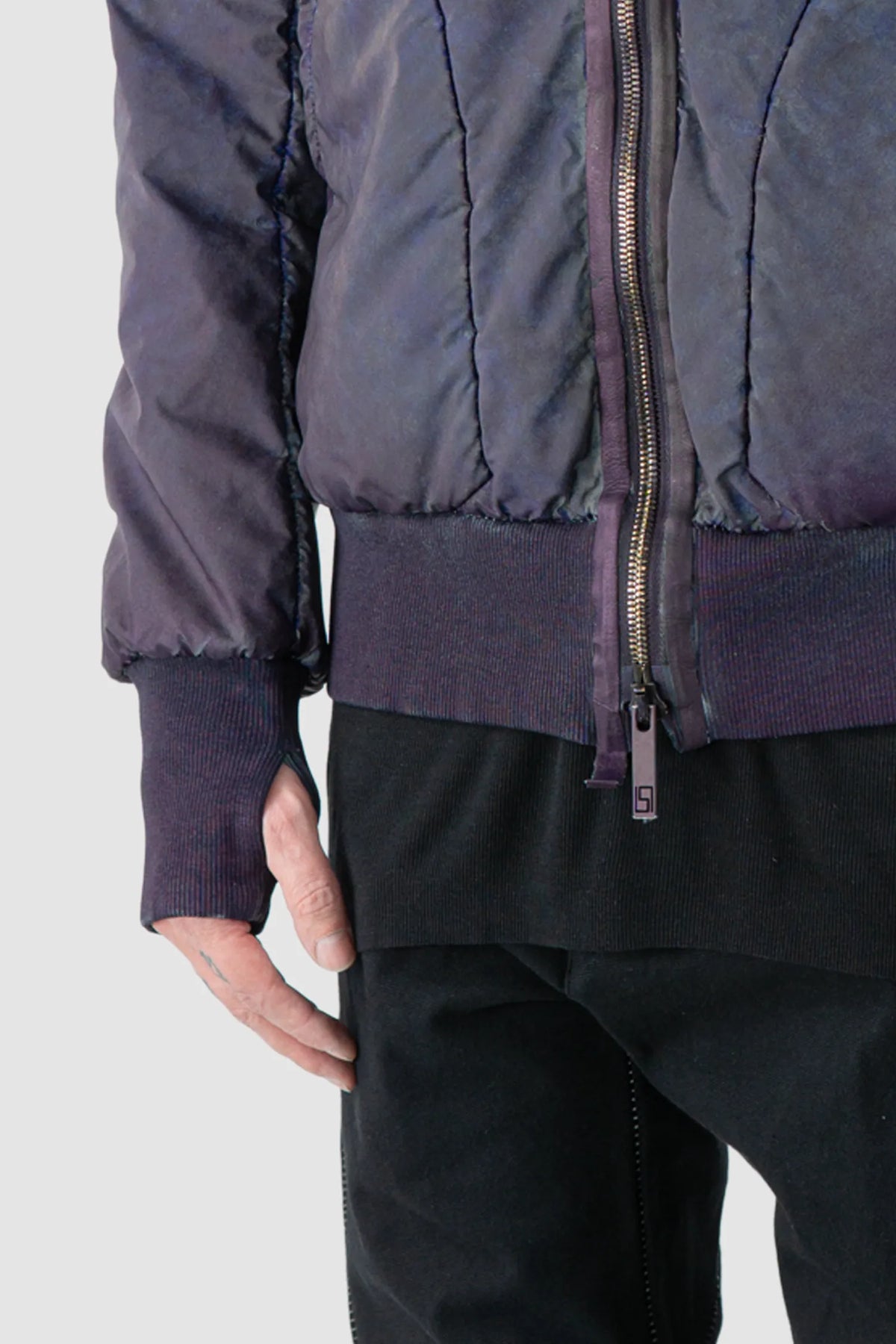69 by Isaac Sellam - Men's Dirty Blue Reflective High Neck Bomber Jacket - thumbhole detail view