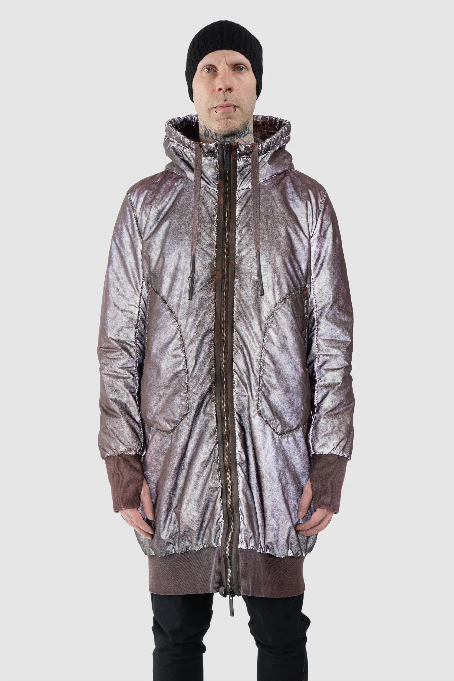 69 by Isaac Sellam - Men's Dirty Red Reflective Padded Parka Jacket - model front flash effect view - MONO-KROM | Gallery
