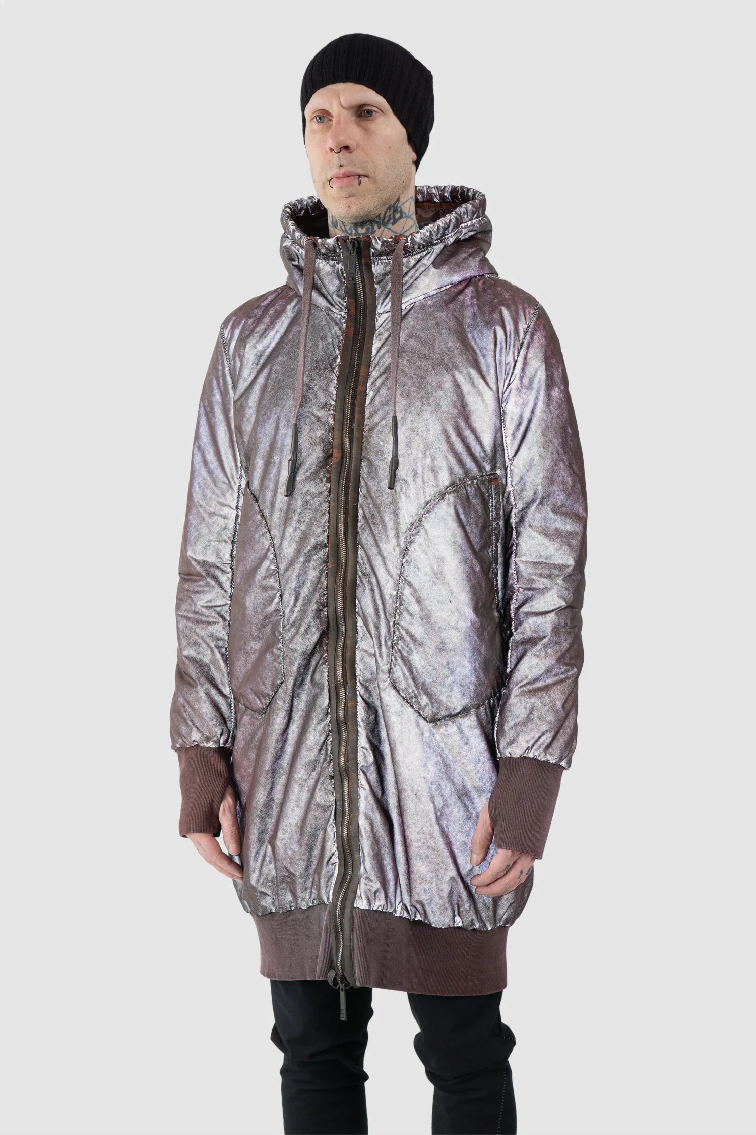 69 by Isaac Sellam - Men's Dirty Red Reflective Padded Parka Jacket - model front side flash effect view