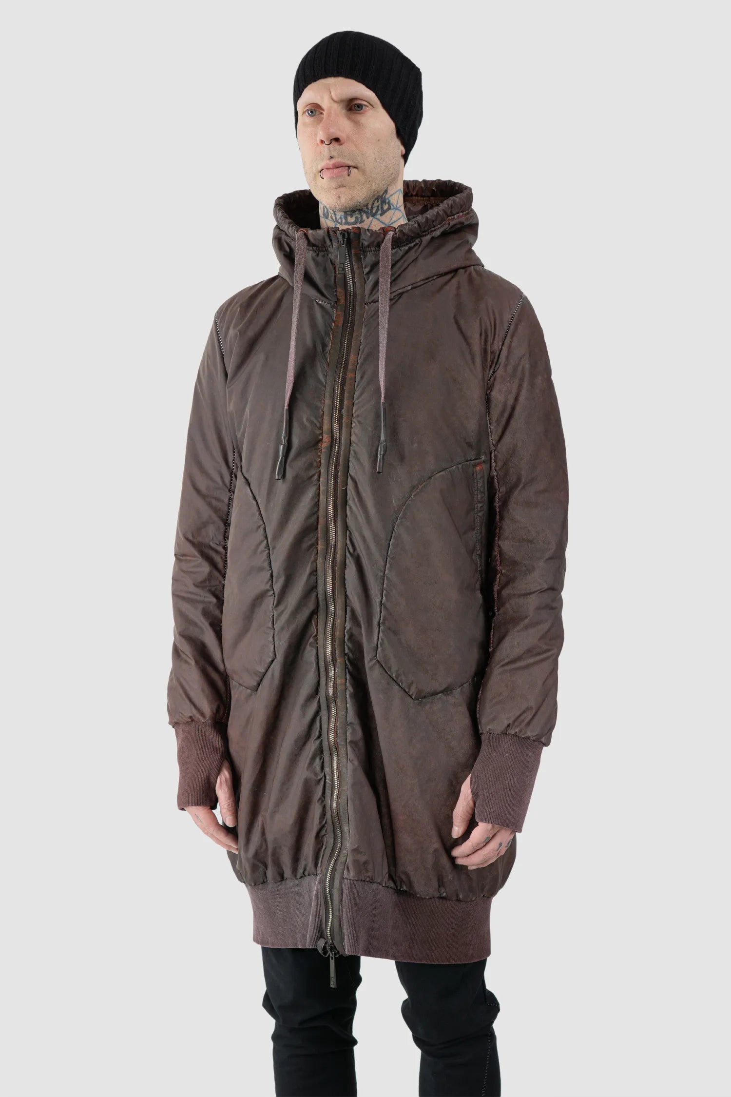 69 by Isaac Sellam - Men's Dirty Red Reflective Padded Parka Jacket - model front side view