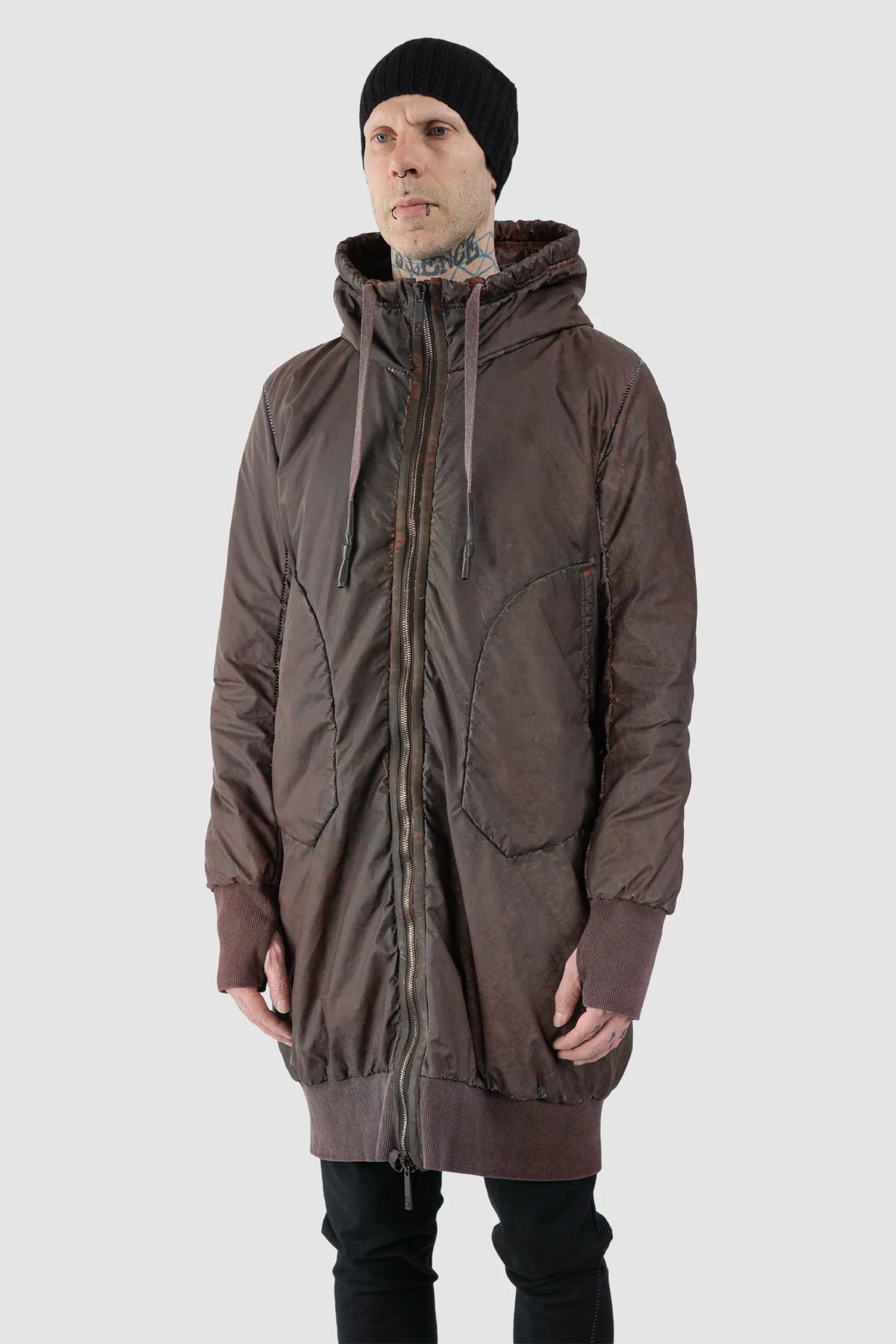 69 by Isaac Sellam - Men's Dirty Red Reflective Padded Parka Jacket - model front side view