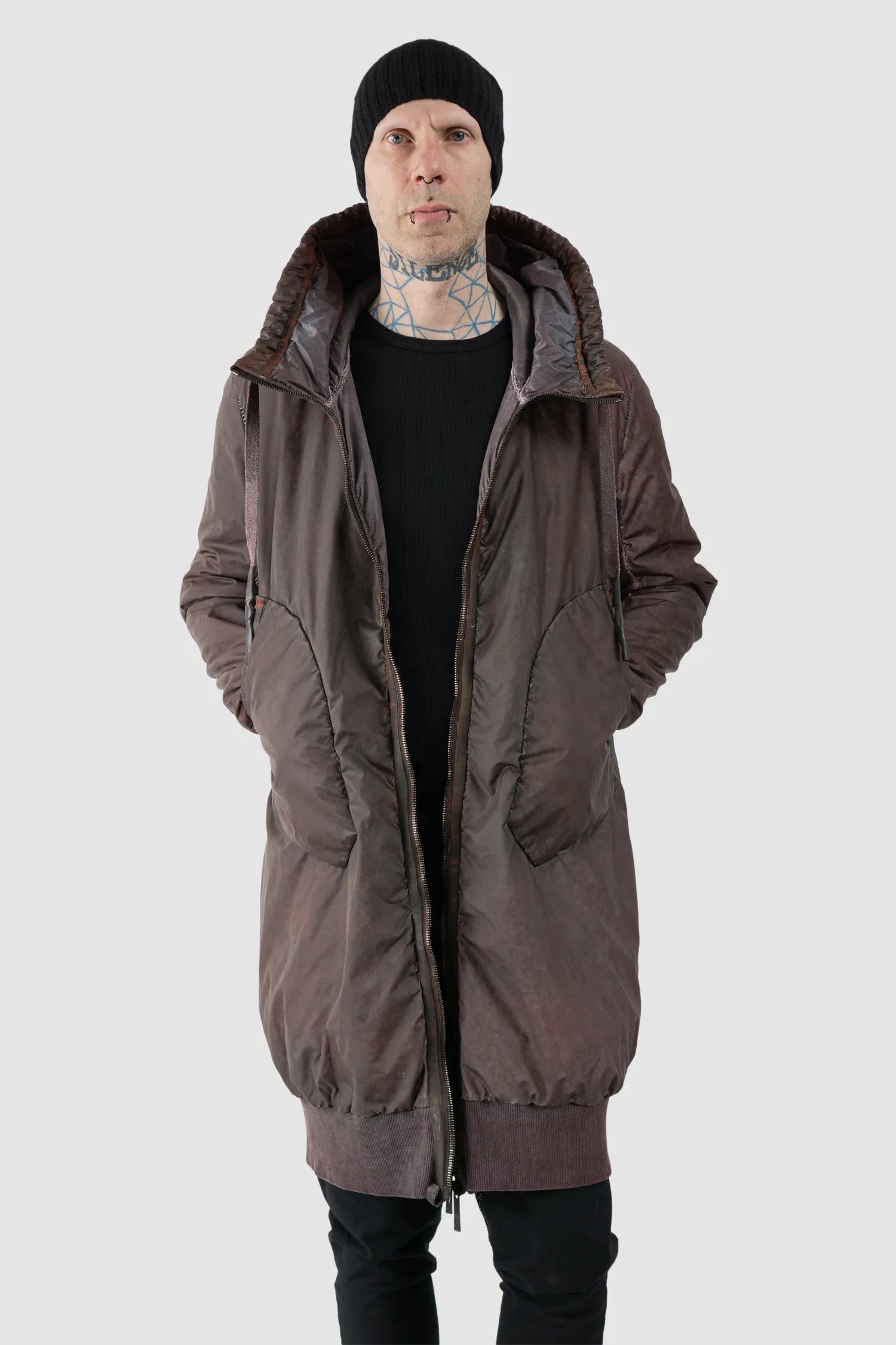 69 by Isaac Sellam - Men's Dirty Red Reflective Padded Parka Jacket - model relaxed view