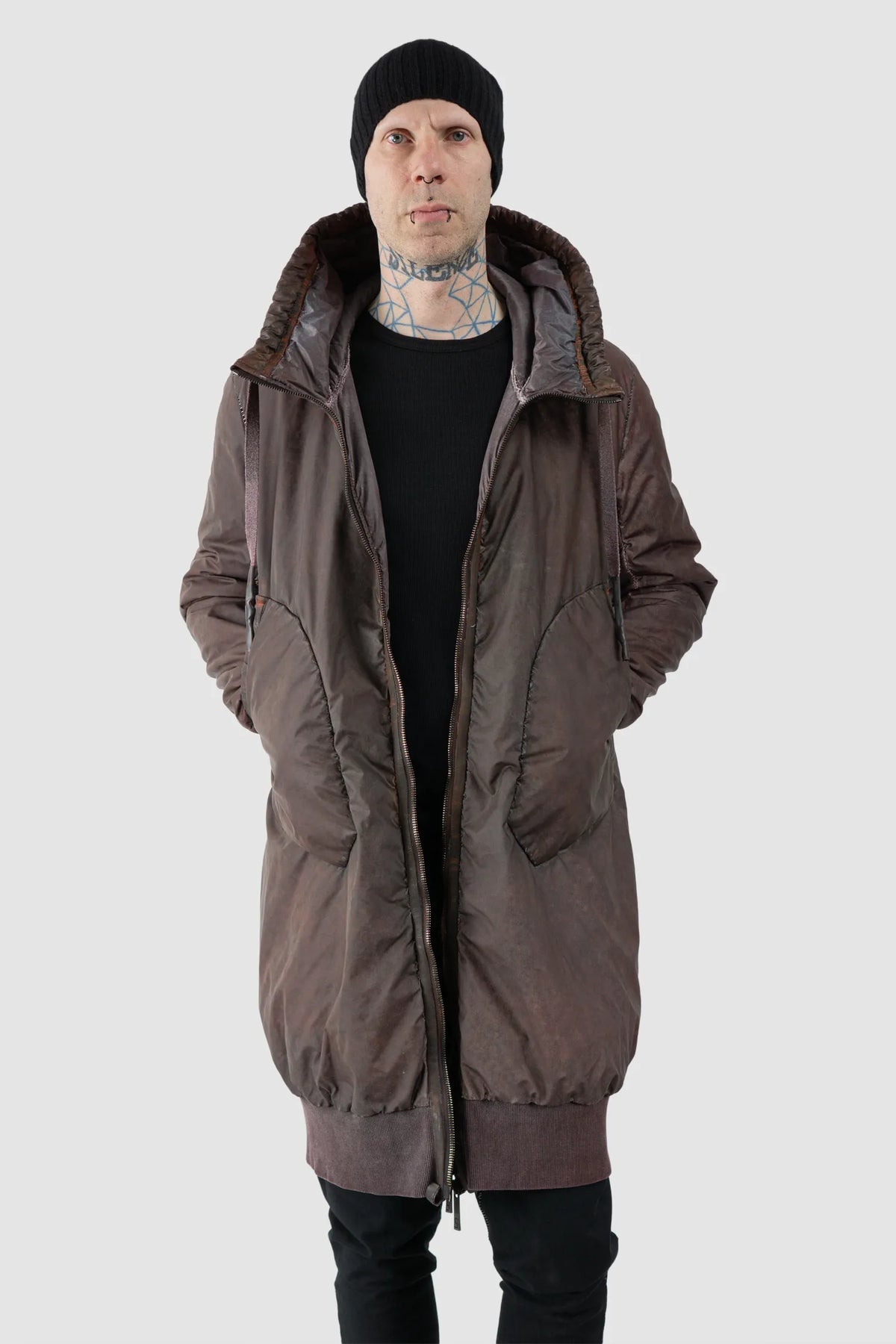69 by Isaac Sellam - Men's Dirty Red Reflective Padded Parka Jacket - model relaxed view