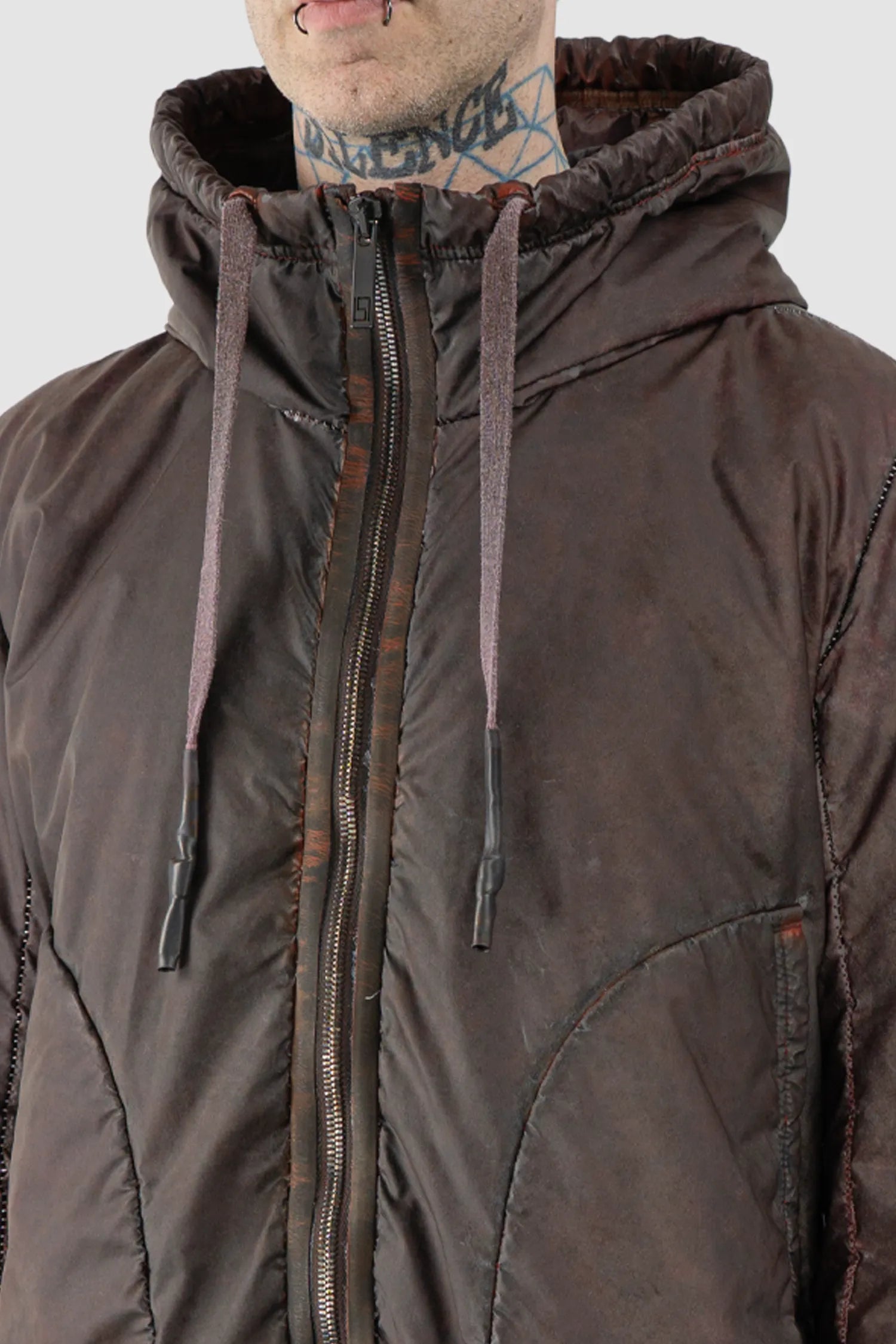 69 by Isaac Sellam - Men's Dirty Red Reflective Padded Parka Jacket - neck detail view