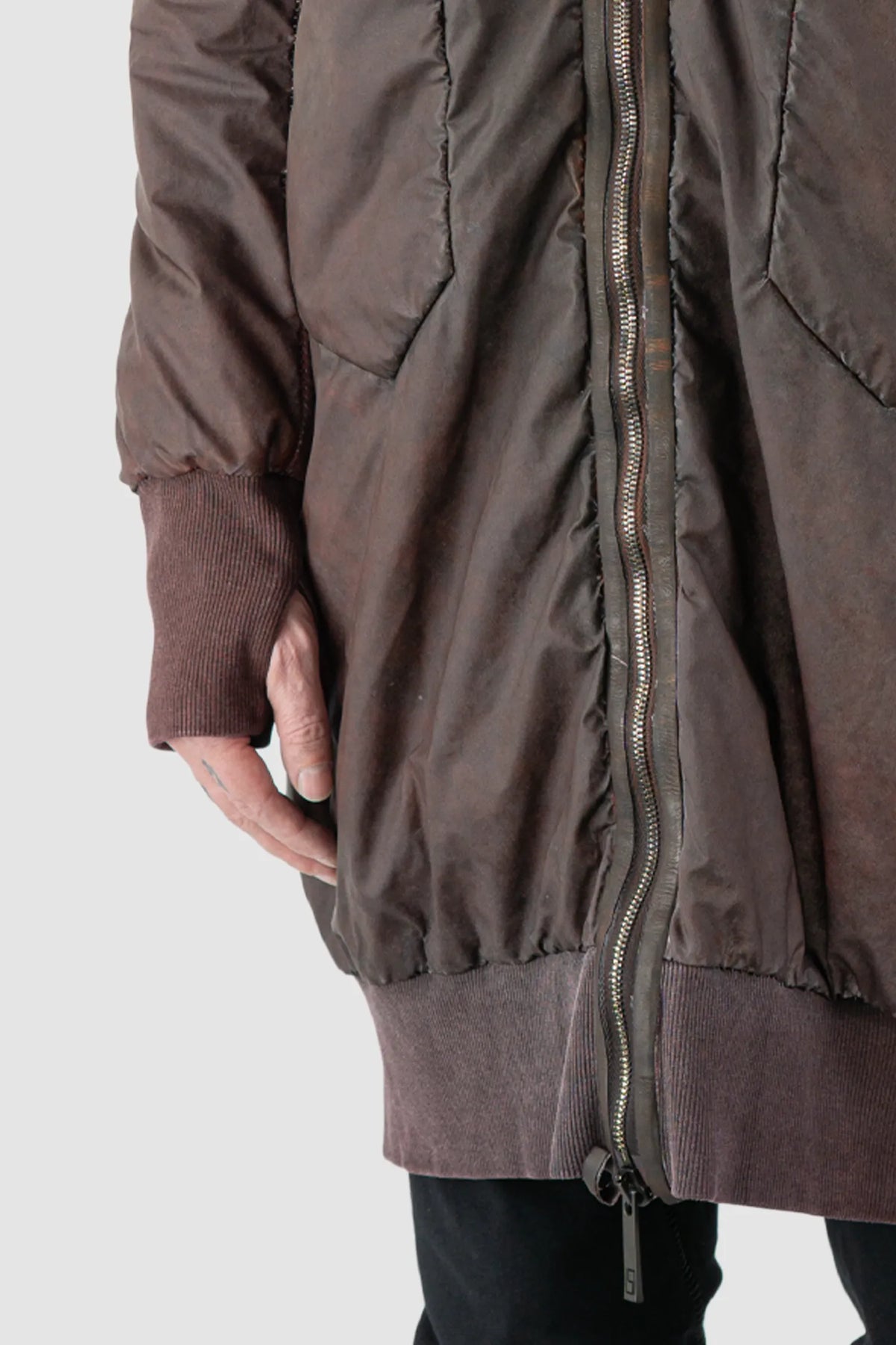 69 by Isaac Sellam - Men's Dirty Red Reflective Padded Parka Jacket - thumbhole detail view