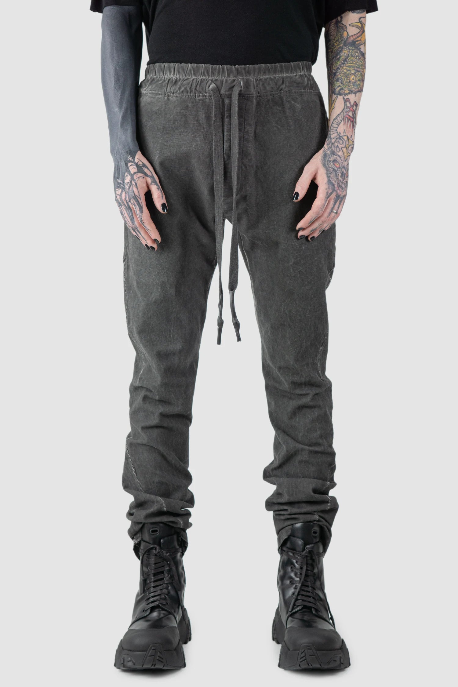 69 by Isaac Sellam - model front view of Grey 6 Pocket Garment-Dyed Cotton Cargo Pants
