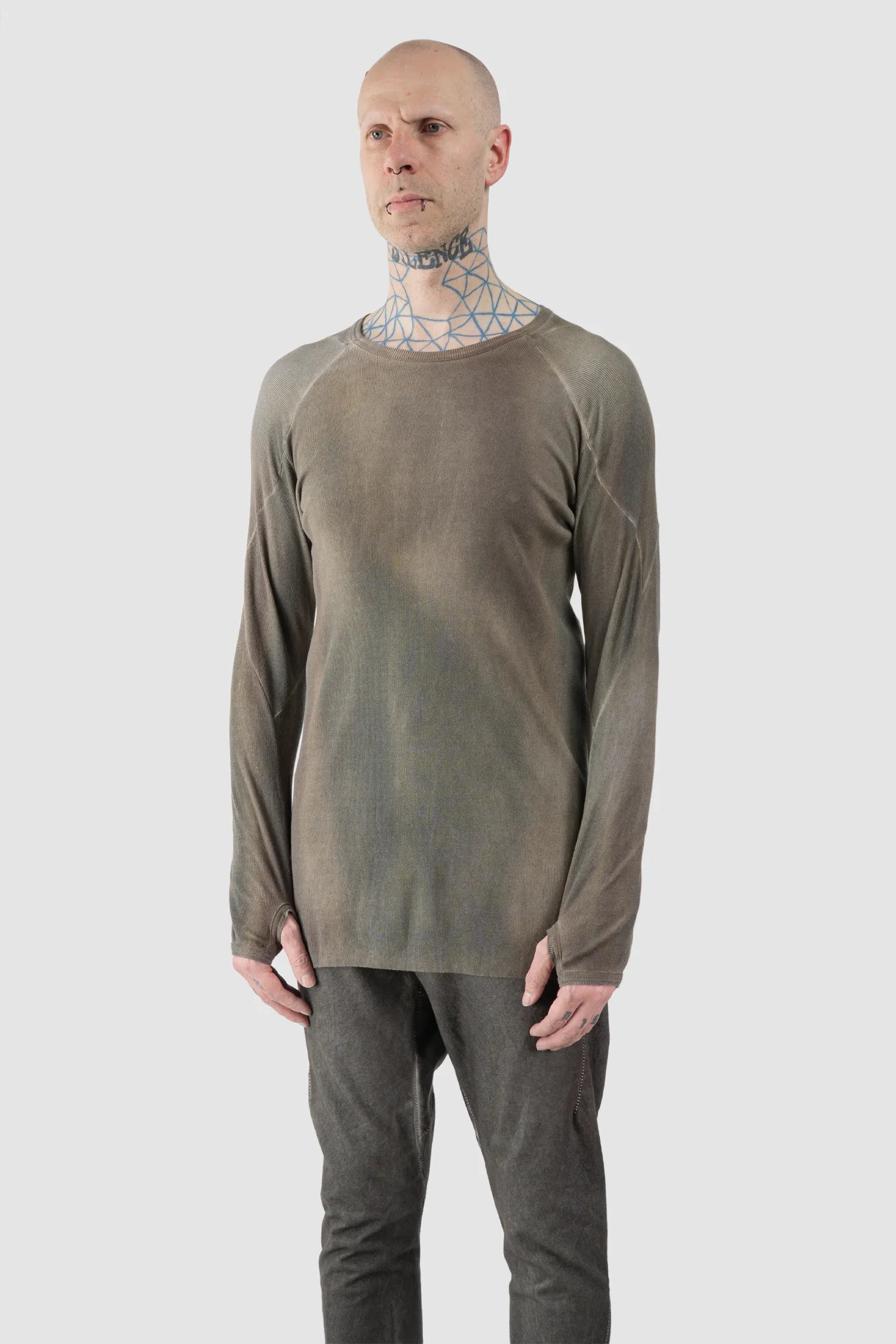 69 by Isaac Sellam - Men's Grey Chrome-Agnon Modal Rib Long Sleeve - model front side view - MONO-KROM | Gallery