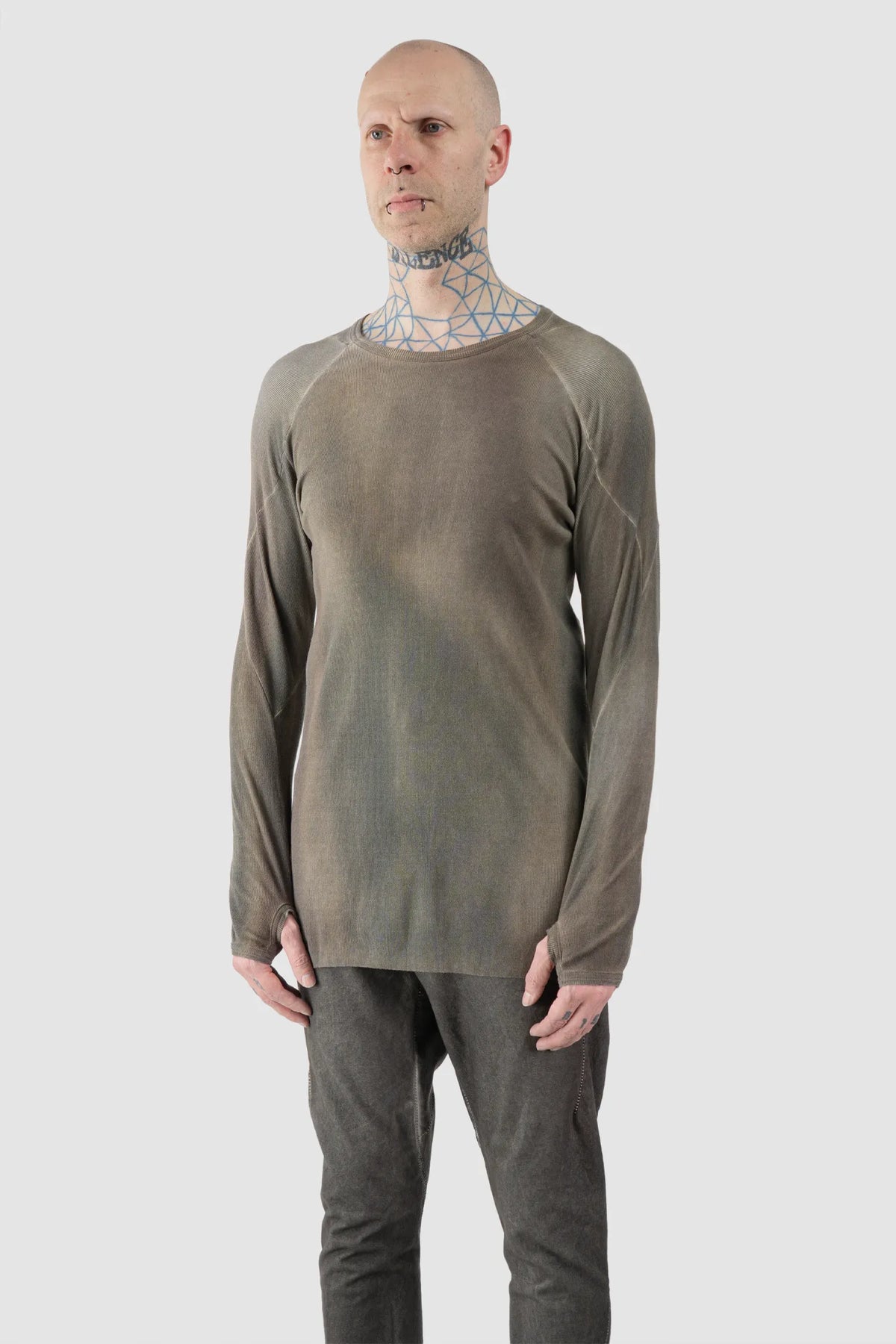69 by Isaac Sellam - Men's Grey Chrome-Agnon Modal Rib Long Sleeve - model front side view - MONO-KROM | Gallery