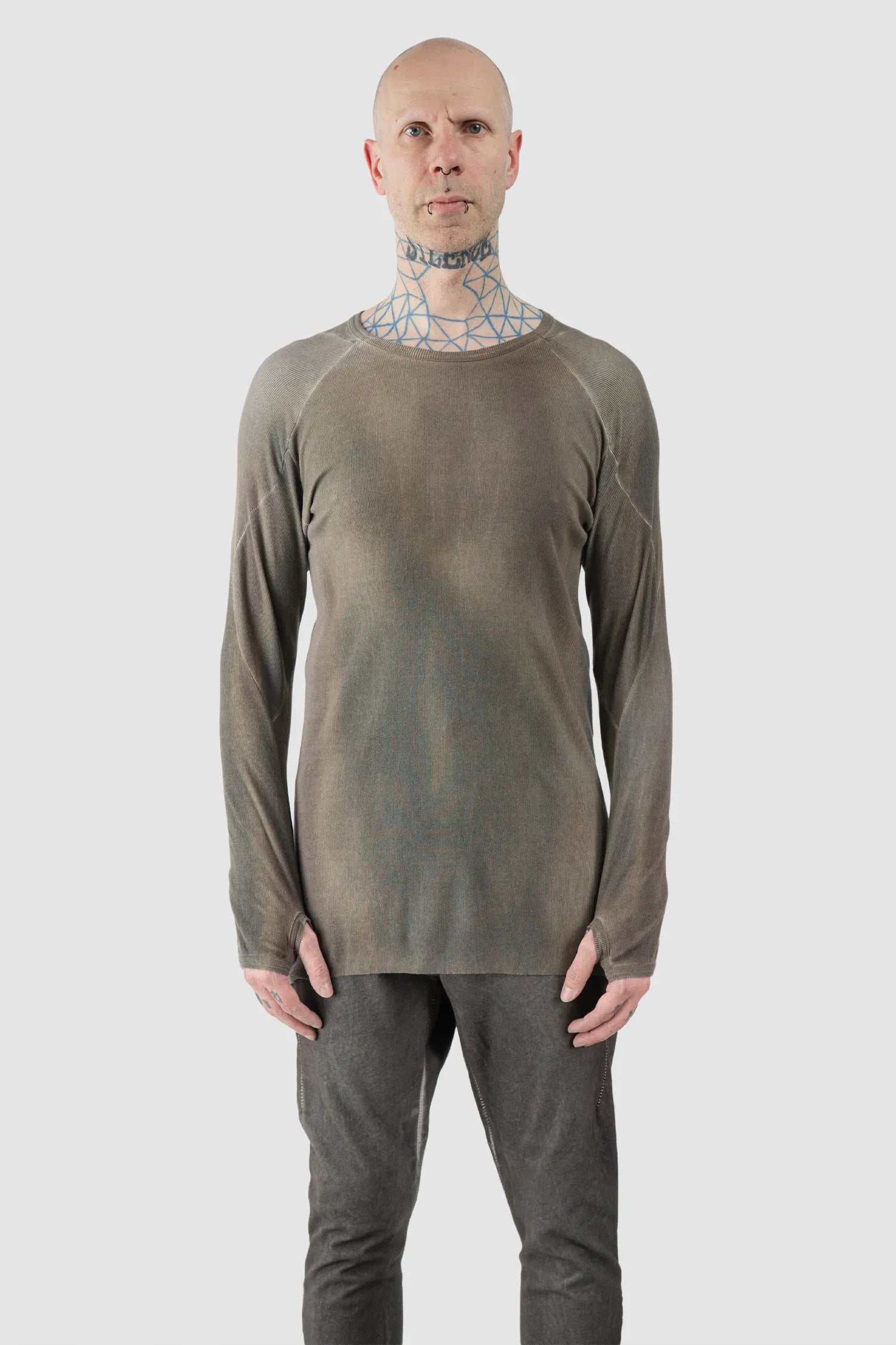 69 by Isaac Sellam - Men's Grey Chrome-Agnon Modal Rib Long Sleeve - model front view - MONO-KROM | Gallery
