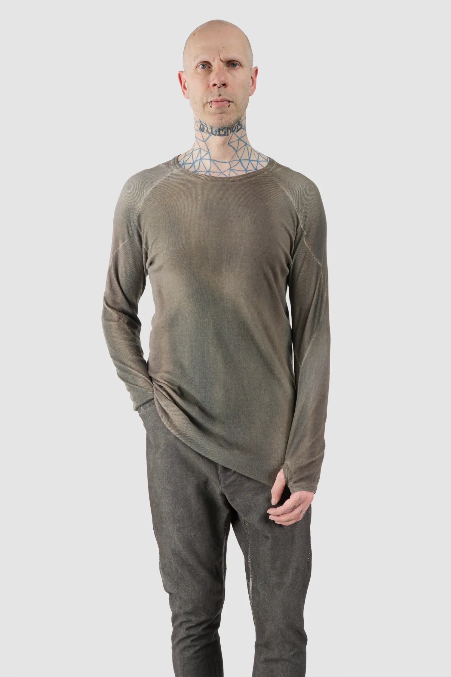 69 by Isaac Sellam - Men's Grey Chrome-Agnon Modal Rib Long Sleeve - model relaxed view