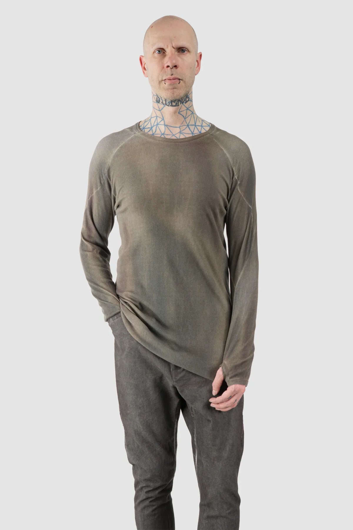 69 by Isaac Sellam - Men's Grey Chrome-Agnon Modal Rib Long Sleeve - model relaxed view