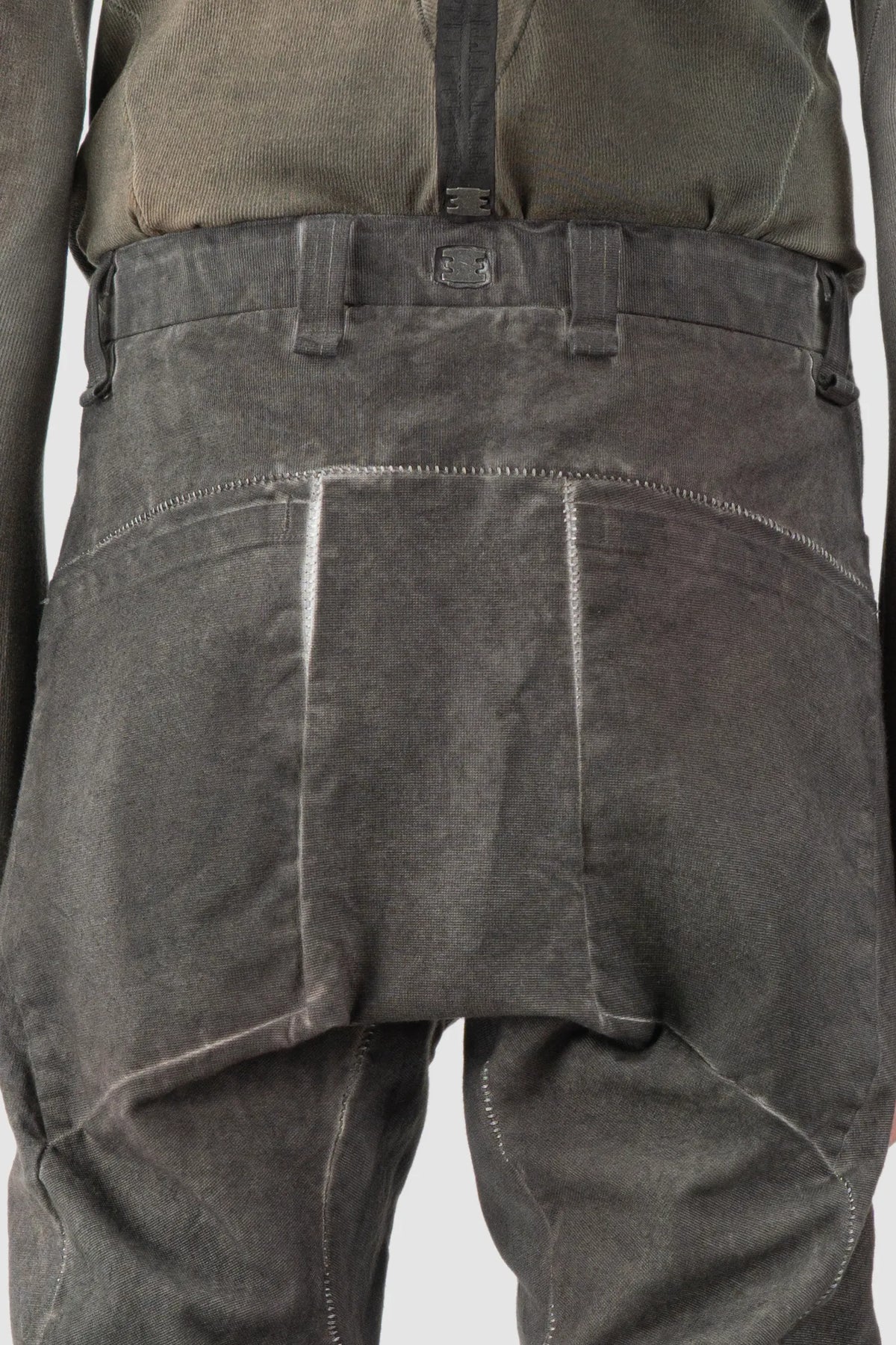 69 by Isaac Sellam - Men's Grey Chrome-Agnon Object Dyed Cotton Trousers - back detail view