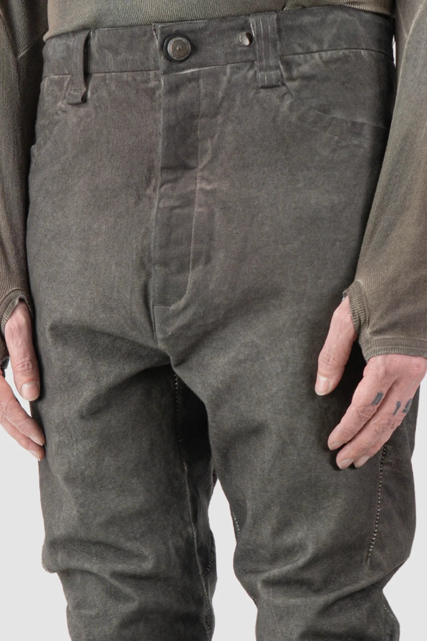 69 by Isaac Sellam - Men's Grey Chrome-Agnon Object Dyed Cotton Trousers - button detail view
