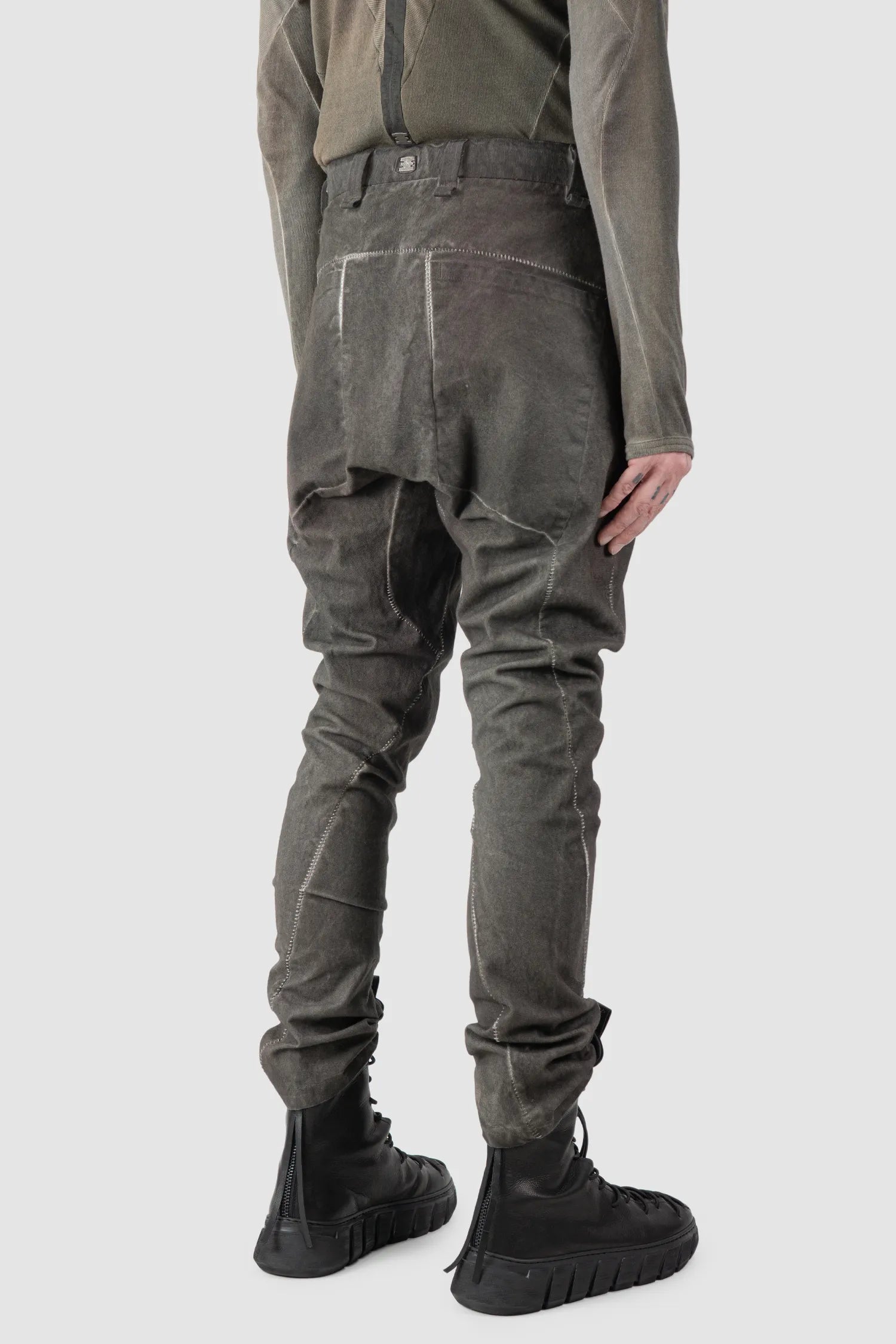69 by Isaac Sellam - Men's Grey Chrome-Agnon Object Dyed Cotton Trousers - model back side view