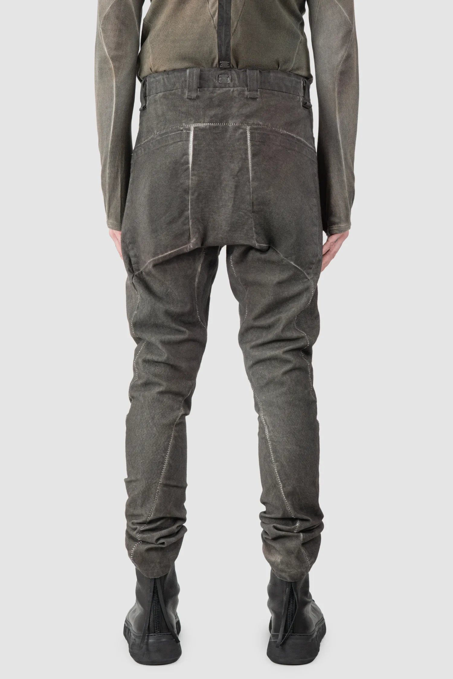 69 by Isaac Sellam - Men's Grey Chrome-Agnon Object Dyed Cotton Trousers - model back view