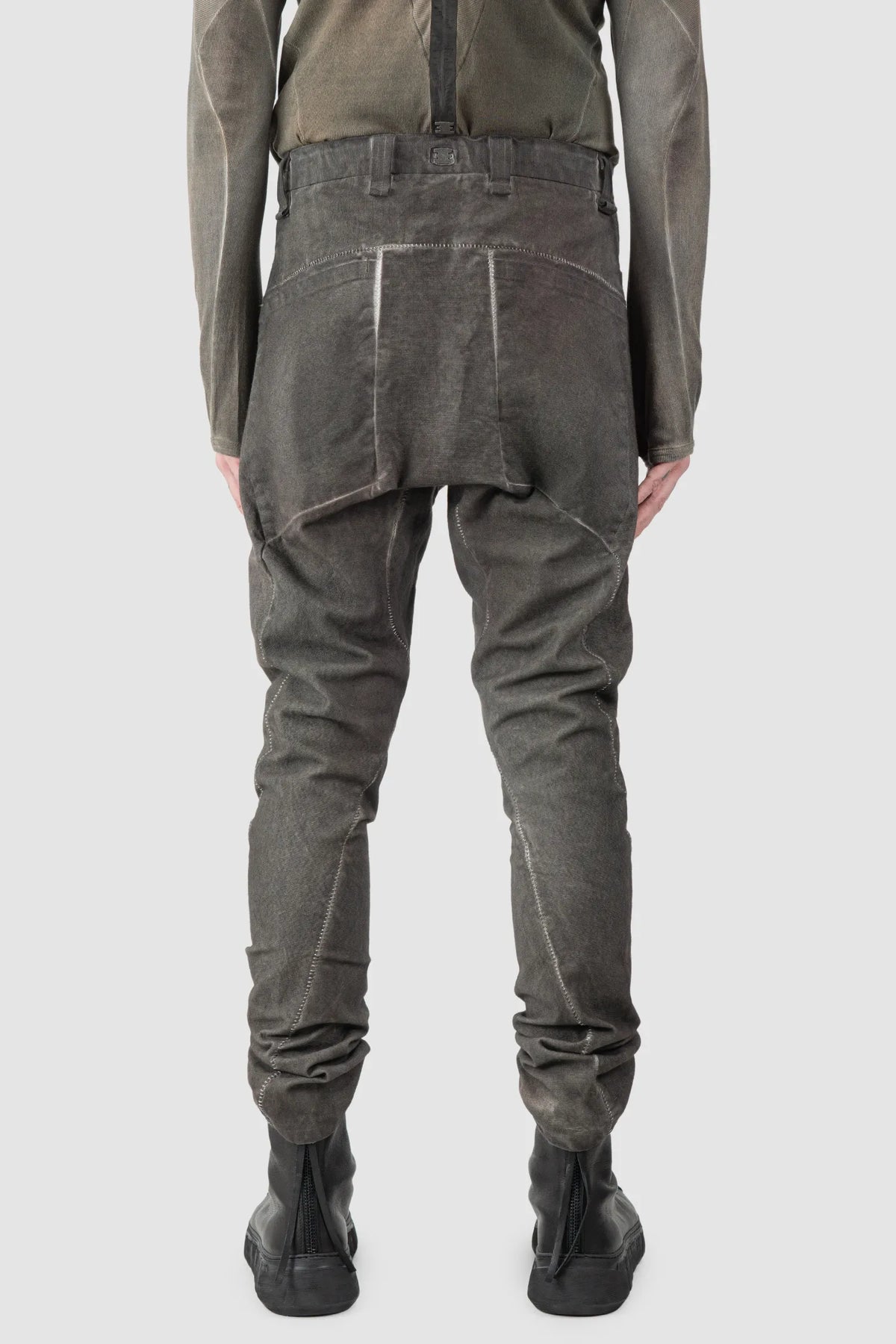 69 by Isaac Sellam - Men's Grey Chrome-Agnon Object Dyed Cotton Trousers - model back view