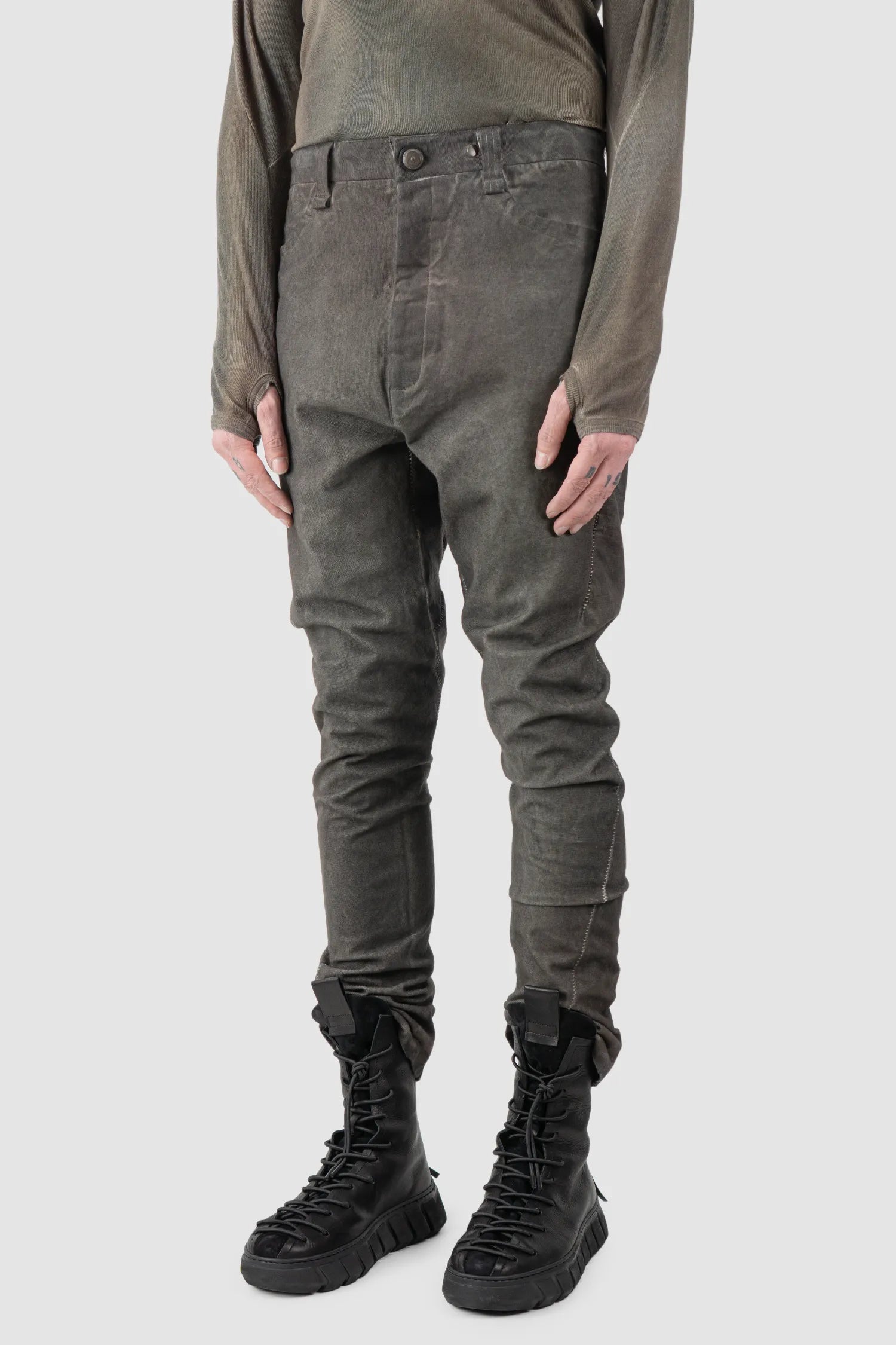 69 by Isaac Sellam - Men's Grey Chrome-Agnon Object Dyed Cotton Trousers - model front side view - MONO-KROM | Gallery