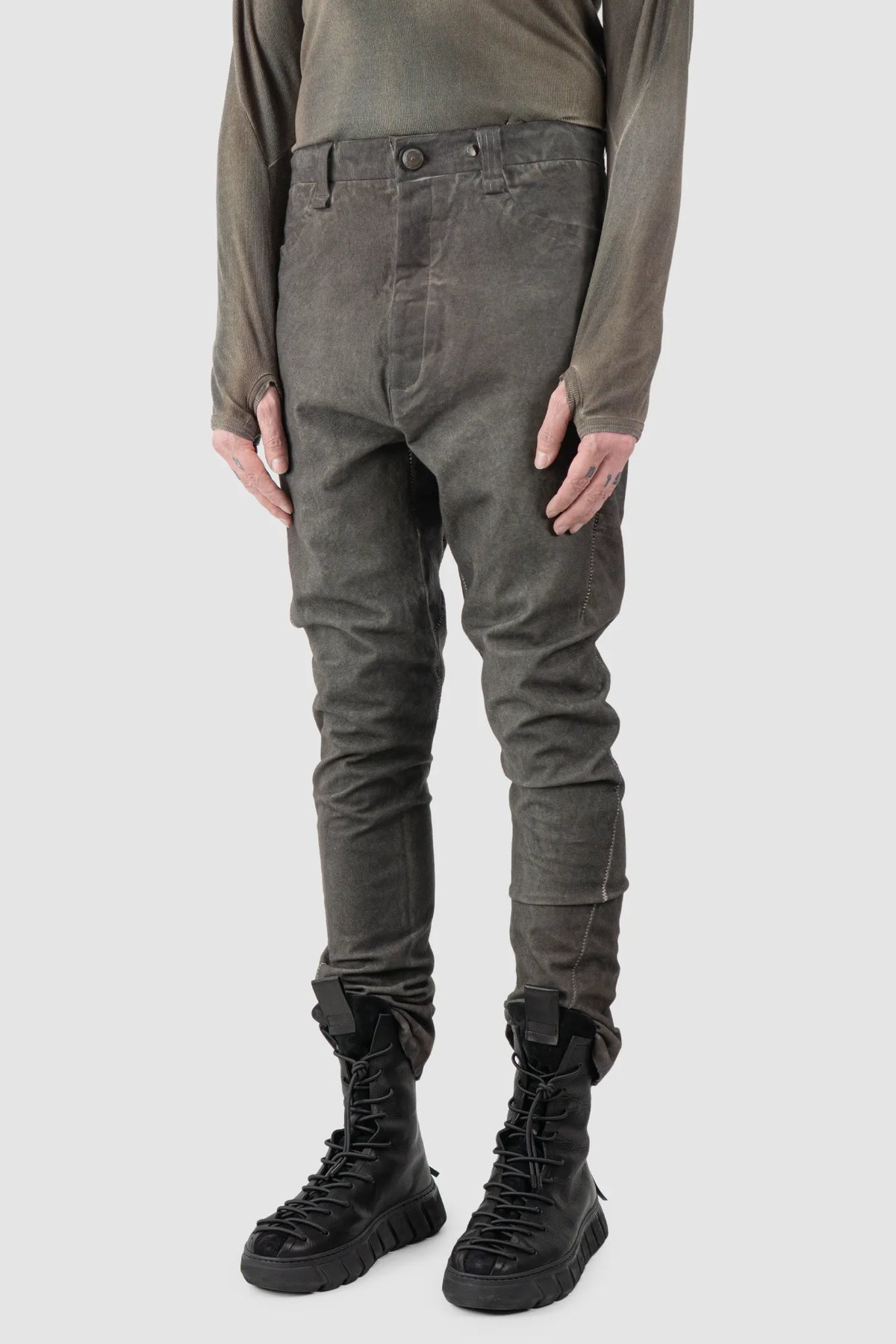 69 by Isaac Sellam - Men's Grey Chrome-Agnon Object Dyed Cotton Trousers - model front side view - MONO-KROM | Gallery